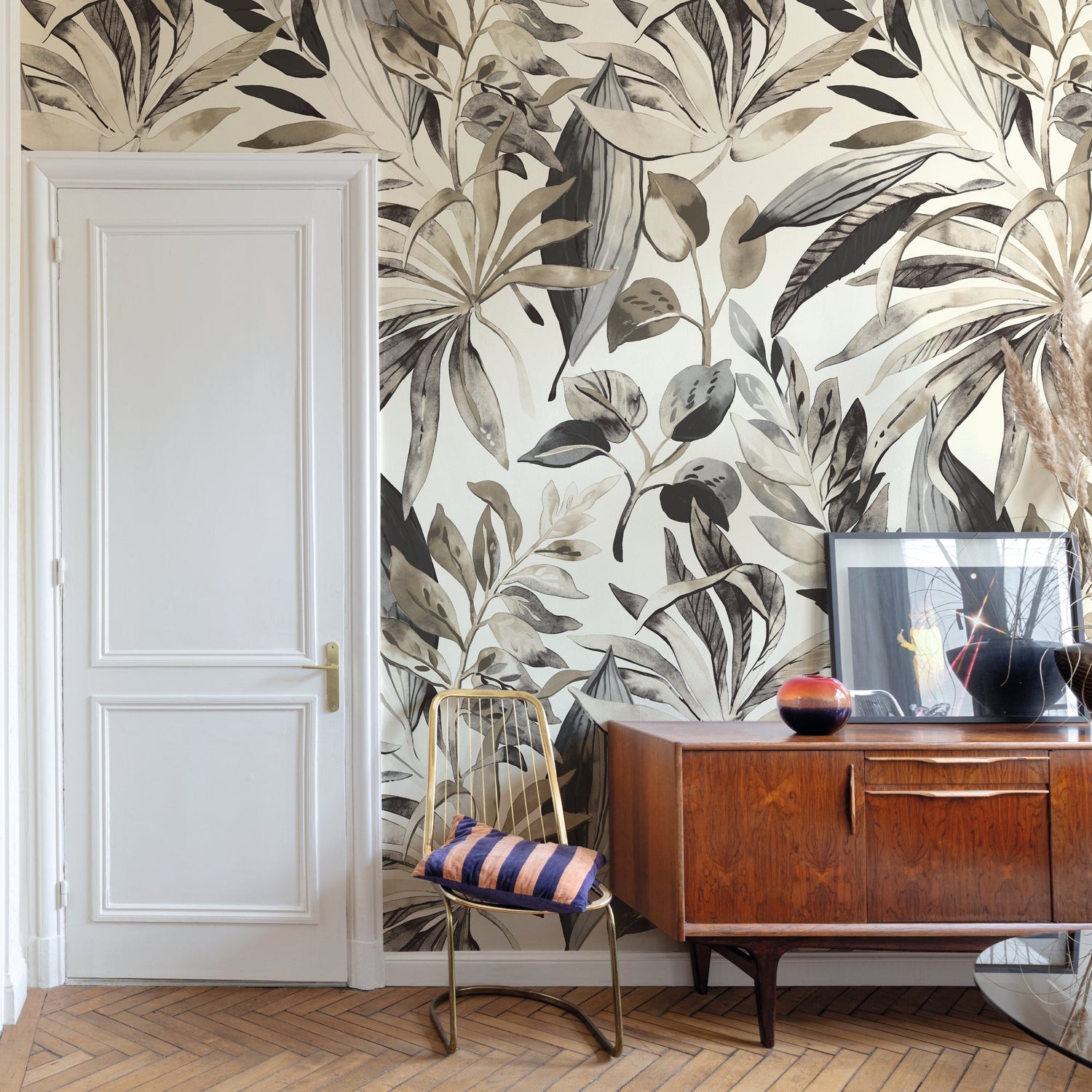 Branched Leaves Motive 3 Panel Mural in beige color - pattern number A71701 - by Grandeco in the Orom II collection