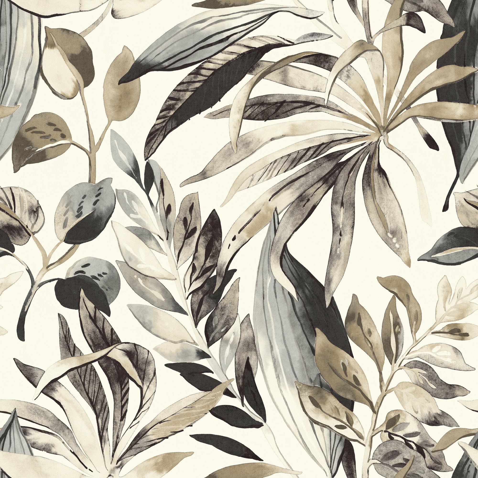 Branched Leaves Motive 3 Panel Mural in beige color - pattern number A71701 - by Grandeco in the Orom II collection