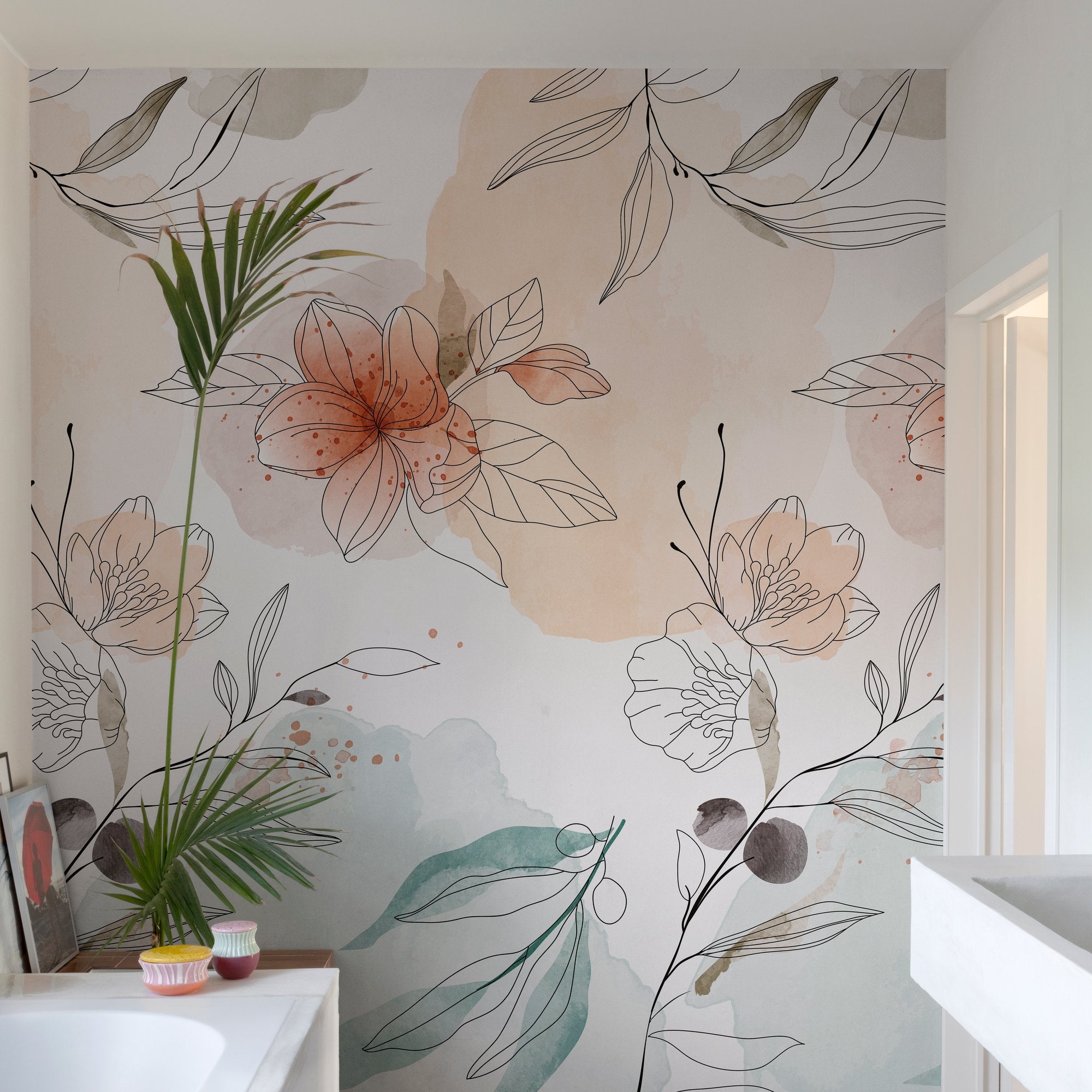 Branched Leaves All-over 3 Panel Mural in multi-colored color - pattern number A72701 - by Grandeco in the Orom II collection