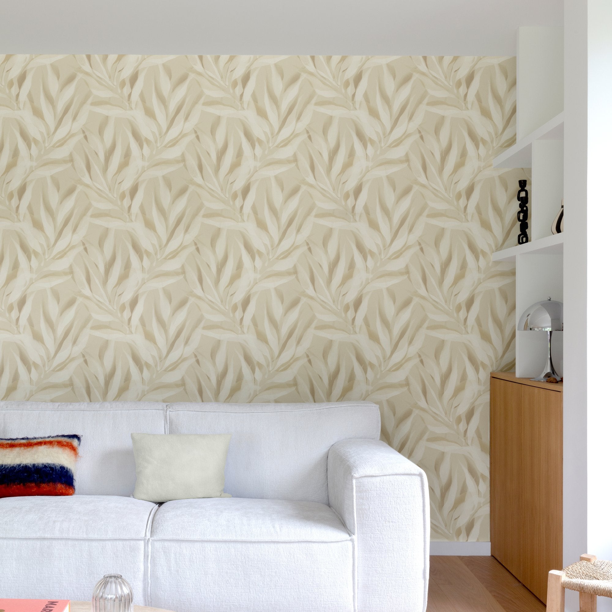 Branched Leaves All-over Wallpaper in beige color - pattern number KRA76101 - by Grandeco in the Karuna collection