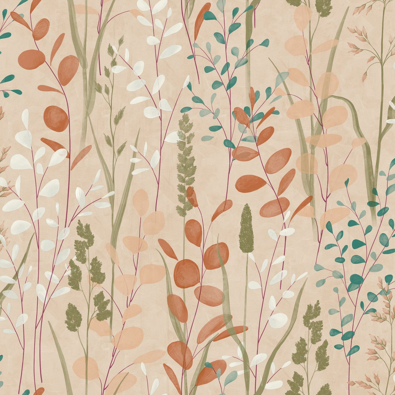 Branched Leaves All-over Wallpaper in orange color - pattern number KRA76201 - by Grandeco in the Karuna collection