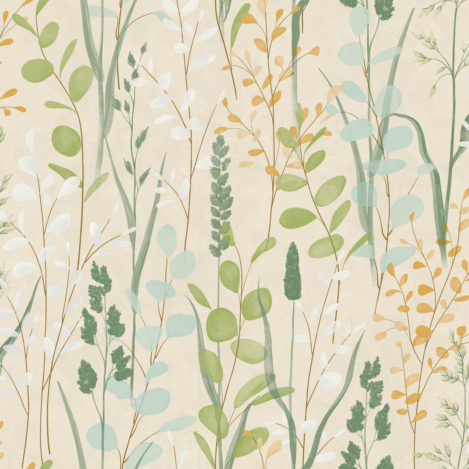 Branched Leaves All-over Wallpaper in green color - pattern number KRA76202 - by Grandeco in the Karuna collection