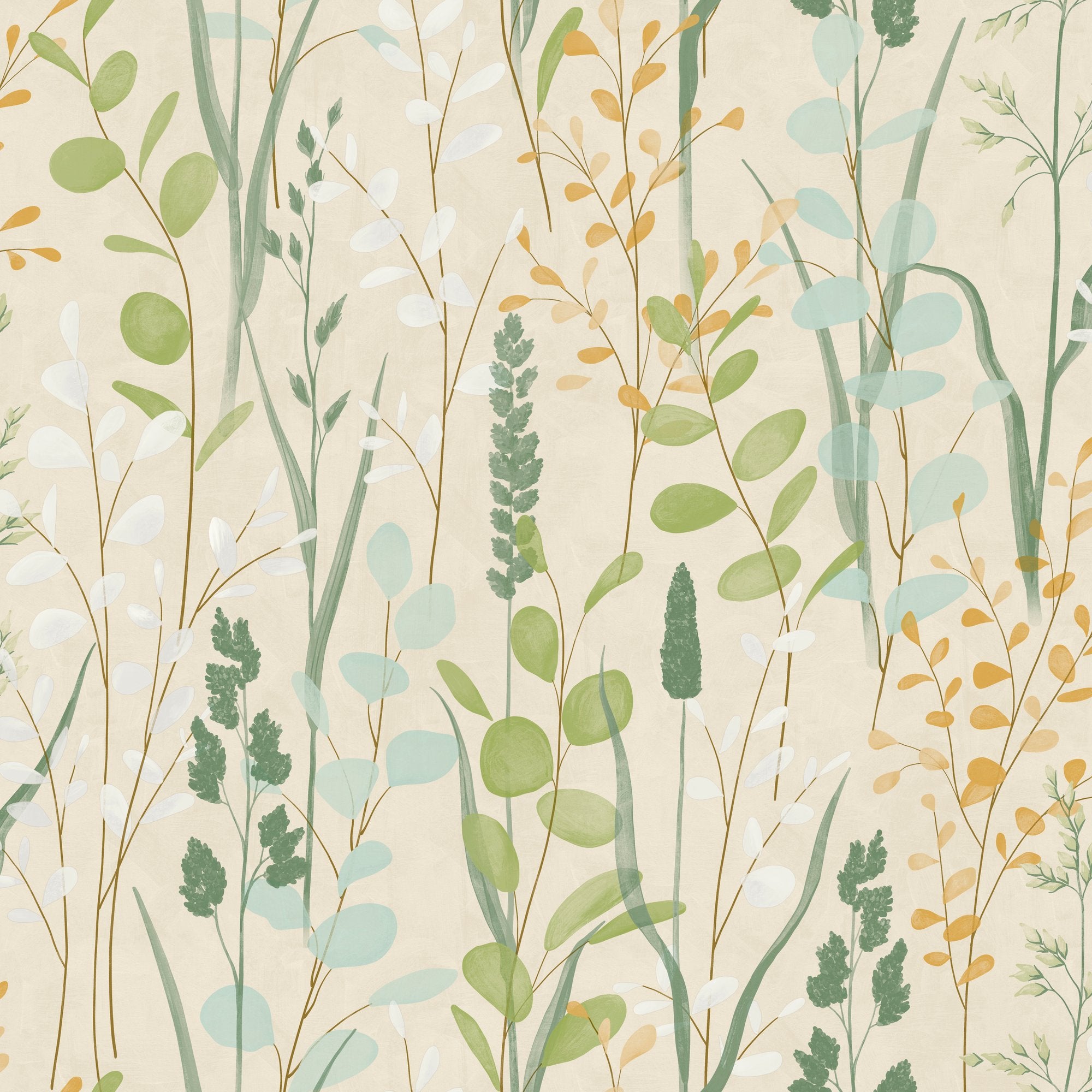Branched Leaves All-over Wallpaper in green color - pattern number KRA76202 - by Grandeco in the Karuna collection