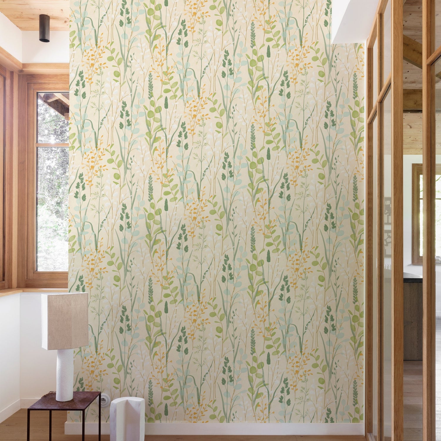 Branched Leaves All-over Wallpaper in green color - pattern number KRA76202 - by Grandeco in the Karuna collection
