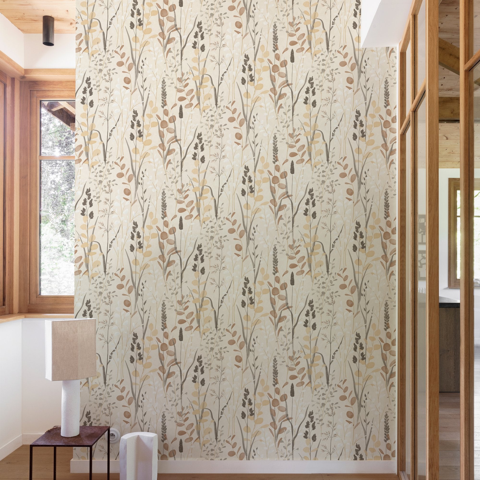 Branched Leaves All-over Wallpaper in beige color - pattern number KRA76203 - by Grandeco in the Karuna collection