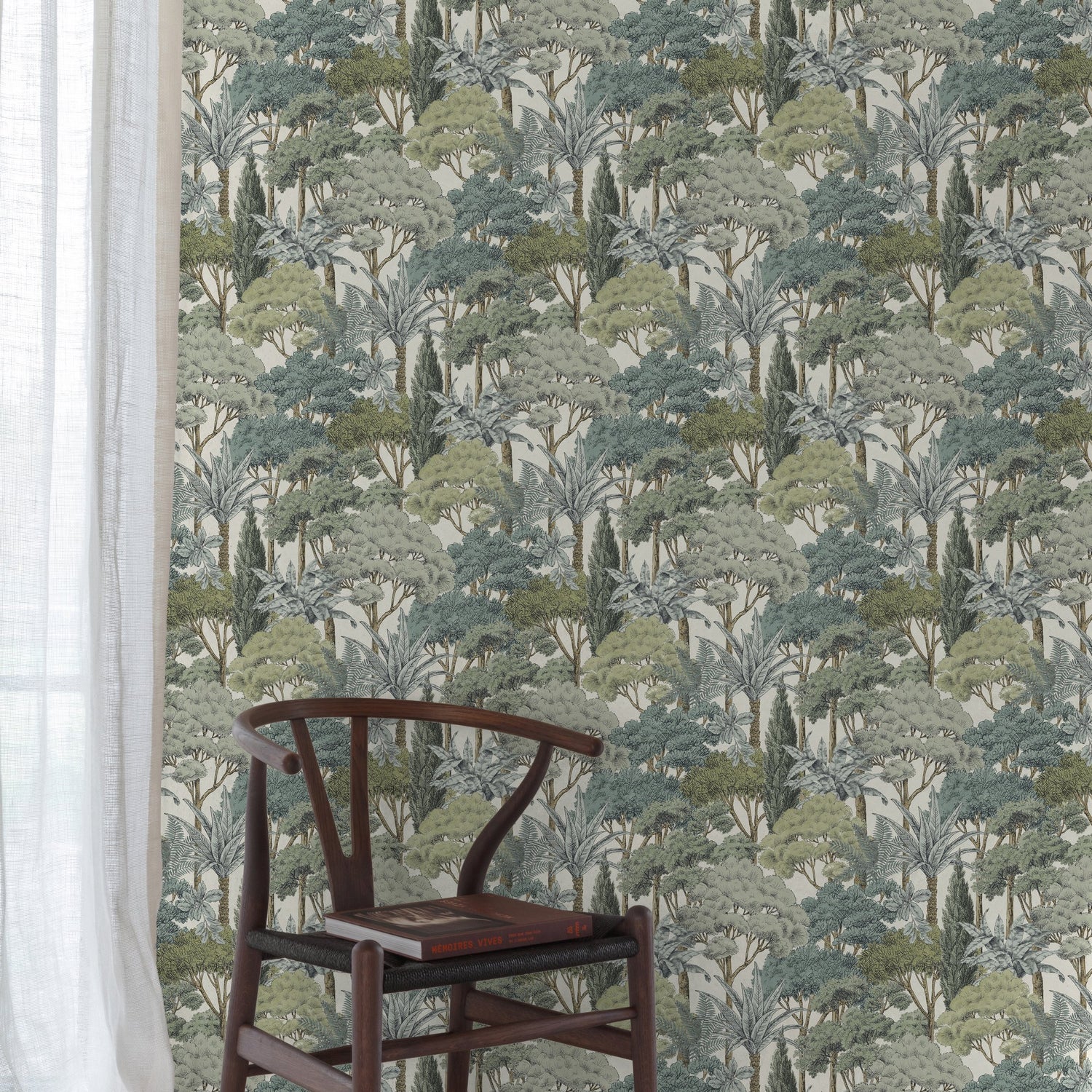 Branched Leaves All-over Wallpaper in green color - pattern number KRA76302 - by Grandeco in the Karuna collection