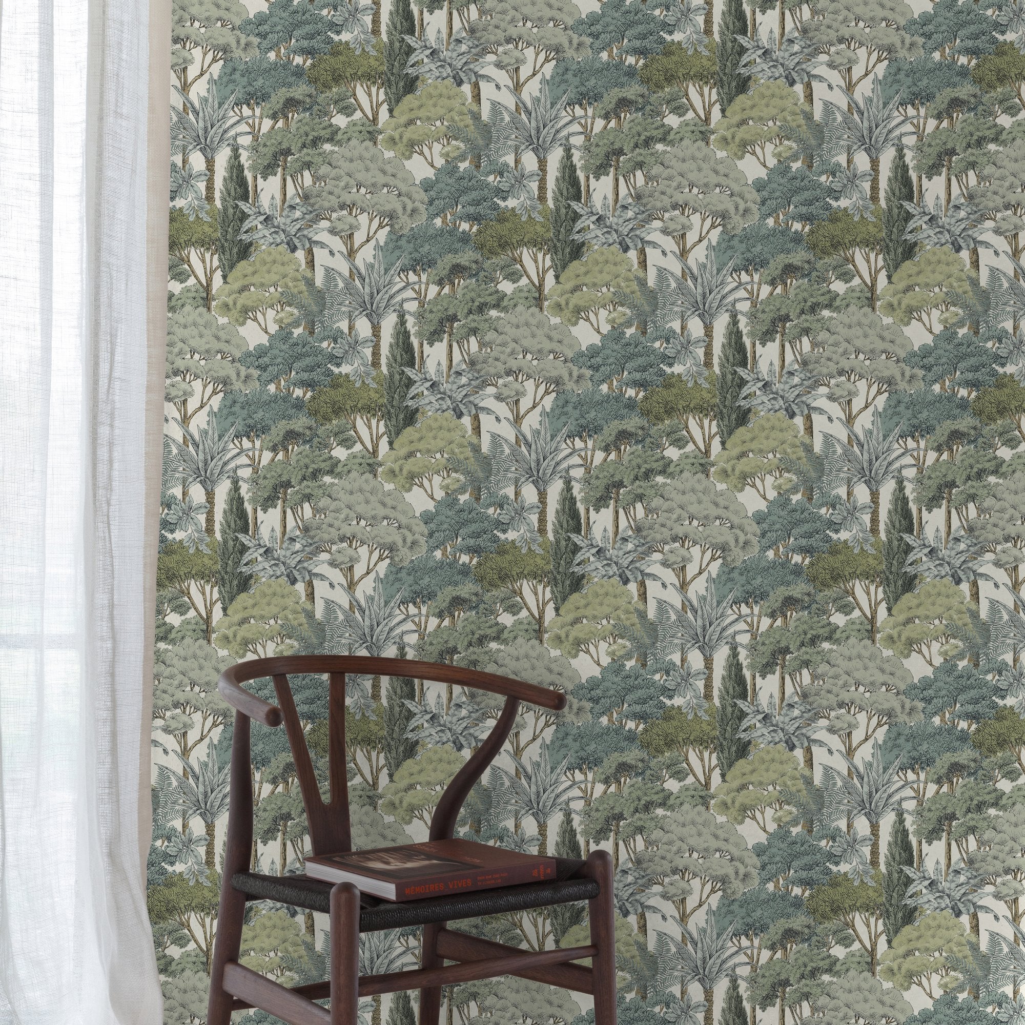 Branched Leaves All-over Wallpaper in green color - pattern number KRA76302 - by Grandeco in the Karuna collection