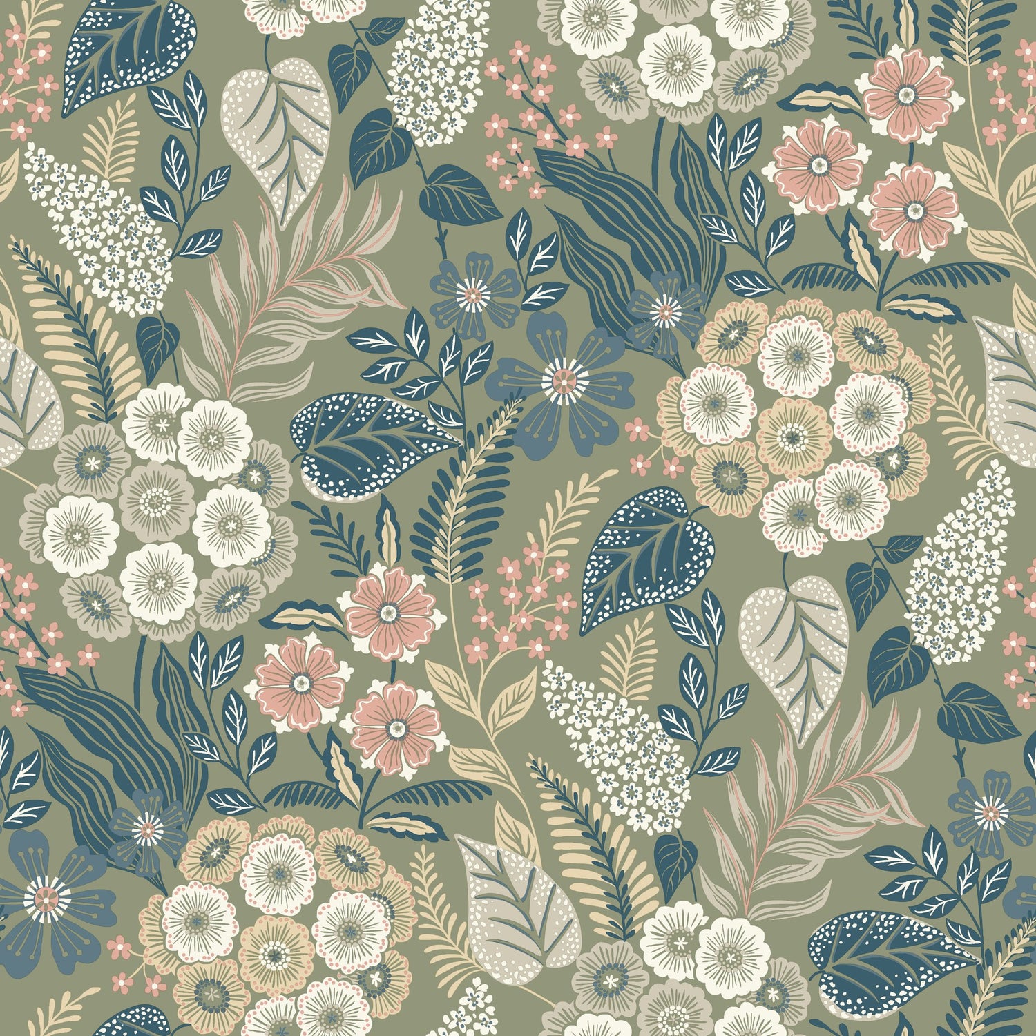 Classical Floral All-over Wallpaper in green color - pattern number KRA76603 - by Grandeco in the Karuna collection