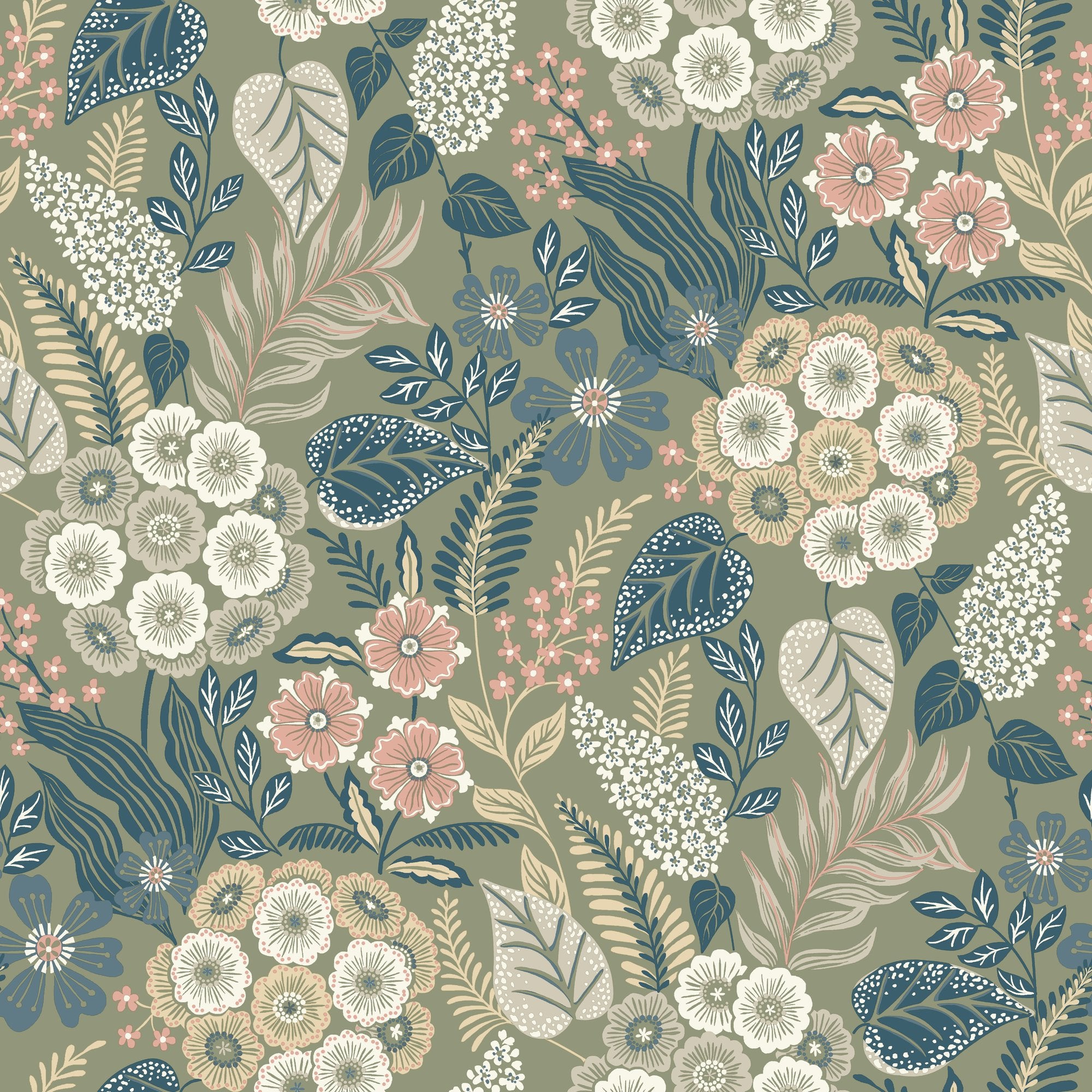 Classical Floral All-over Wallpaper in green color - pattern number KRA76603 - by Grandeco in the Karuna collection