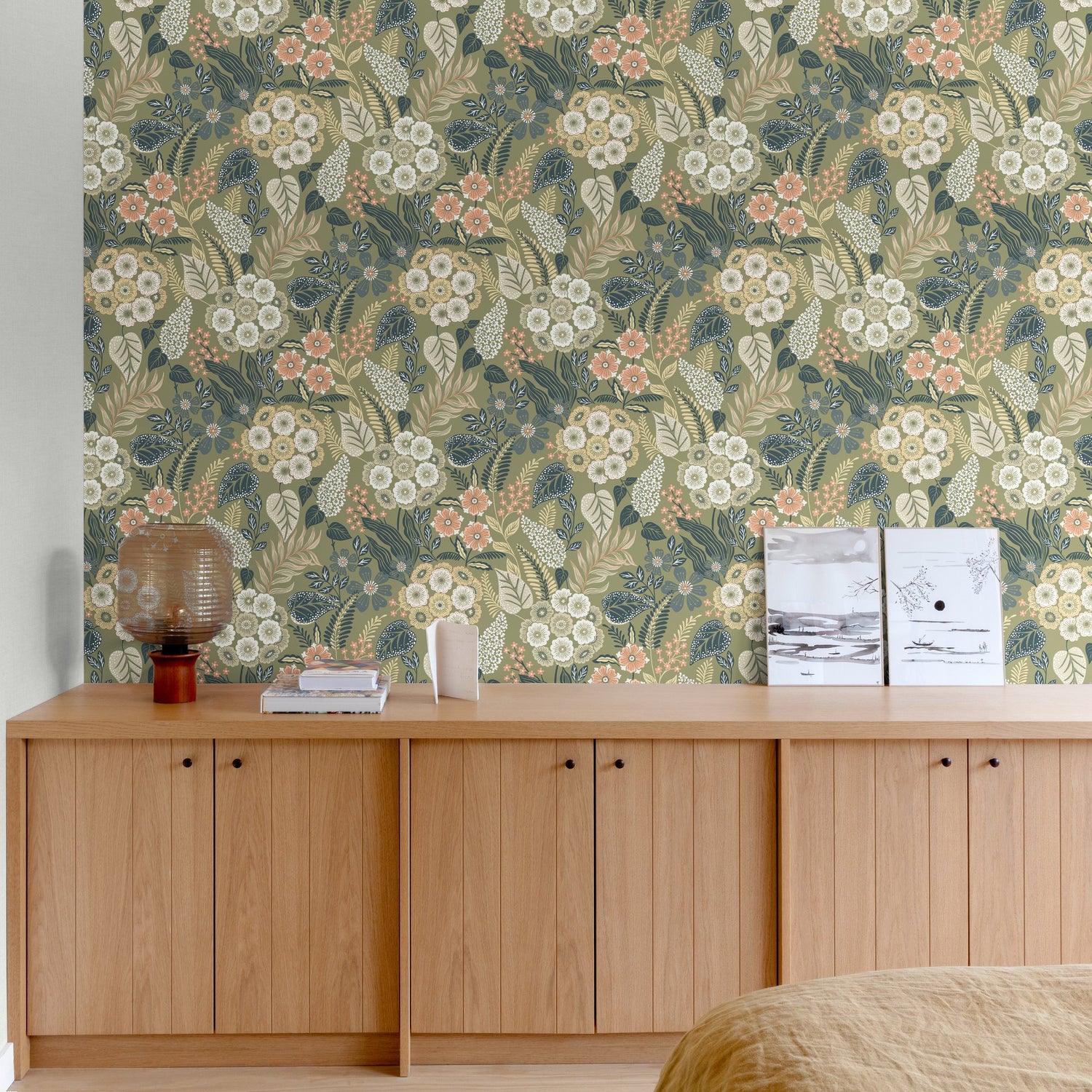 Classical Floral All-over Wallpaper in green color - pattern number KRA76603 - by Grandeco in the Karuna collection