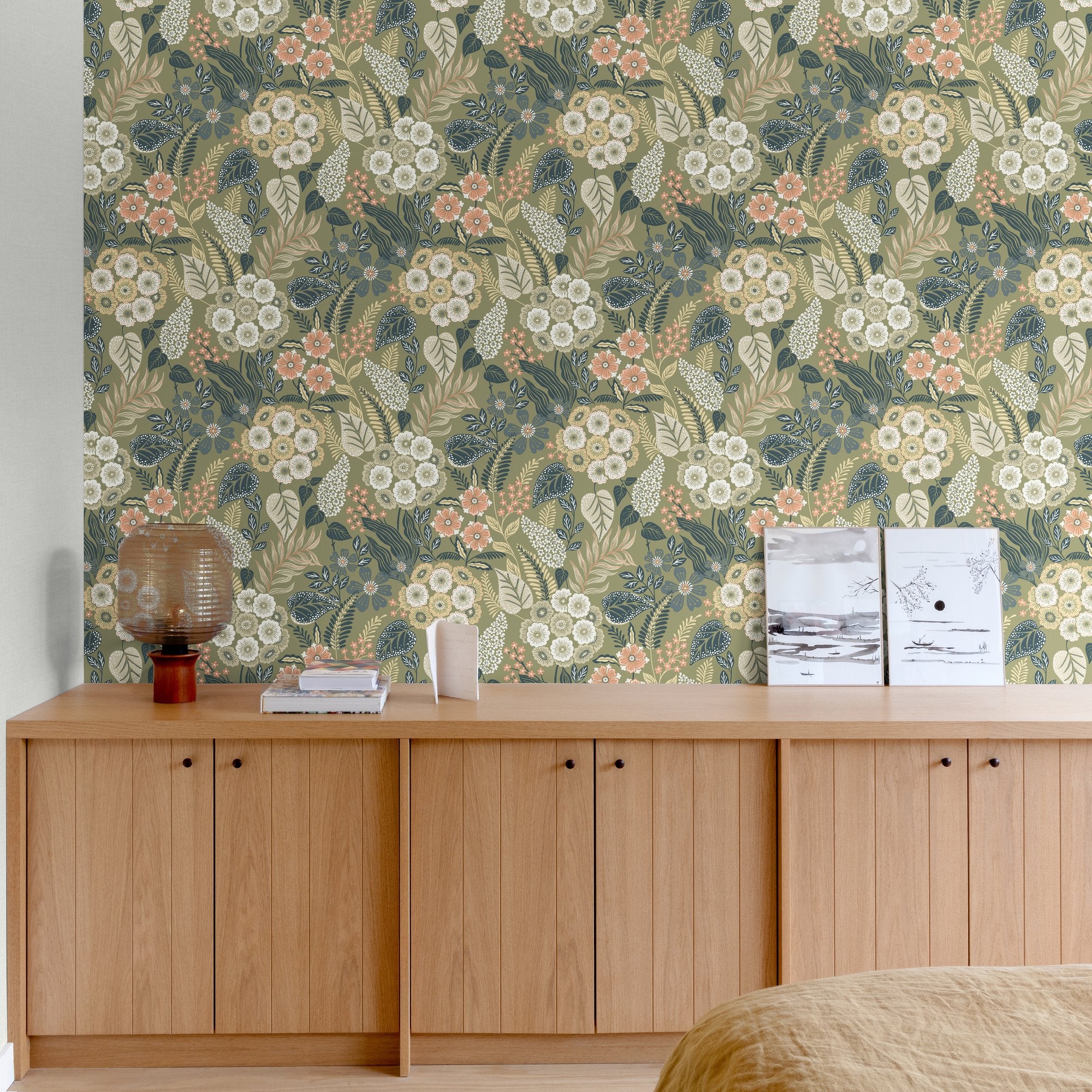 Classical Floral All-over Wallpaper in green color - pattern number KRA76603 - by Grandeco in the Karuna collection