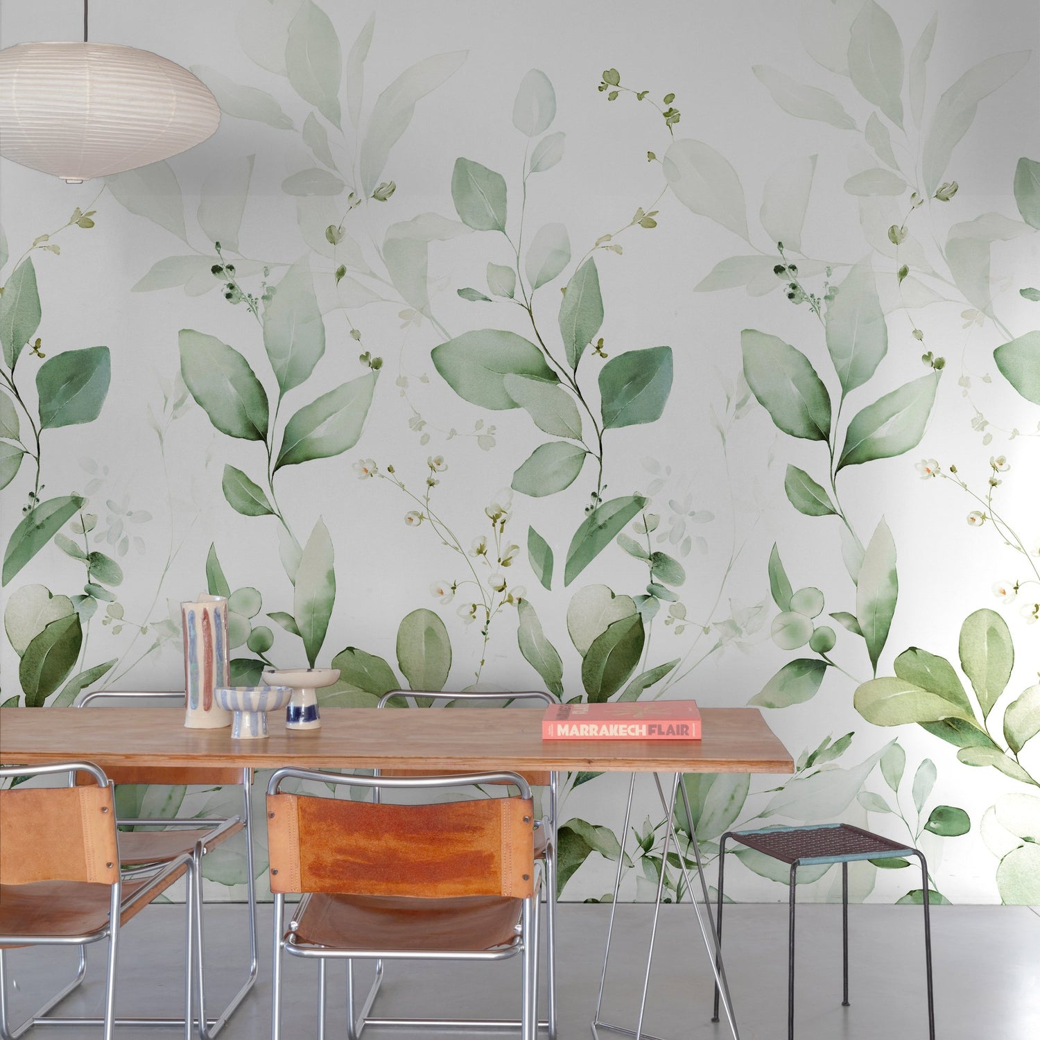 Branched Leaves All-over 3 Panel Mural in green color - pattern number A77101 - by Grandeco in the Orom II collection