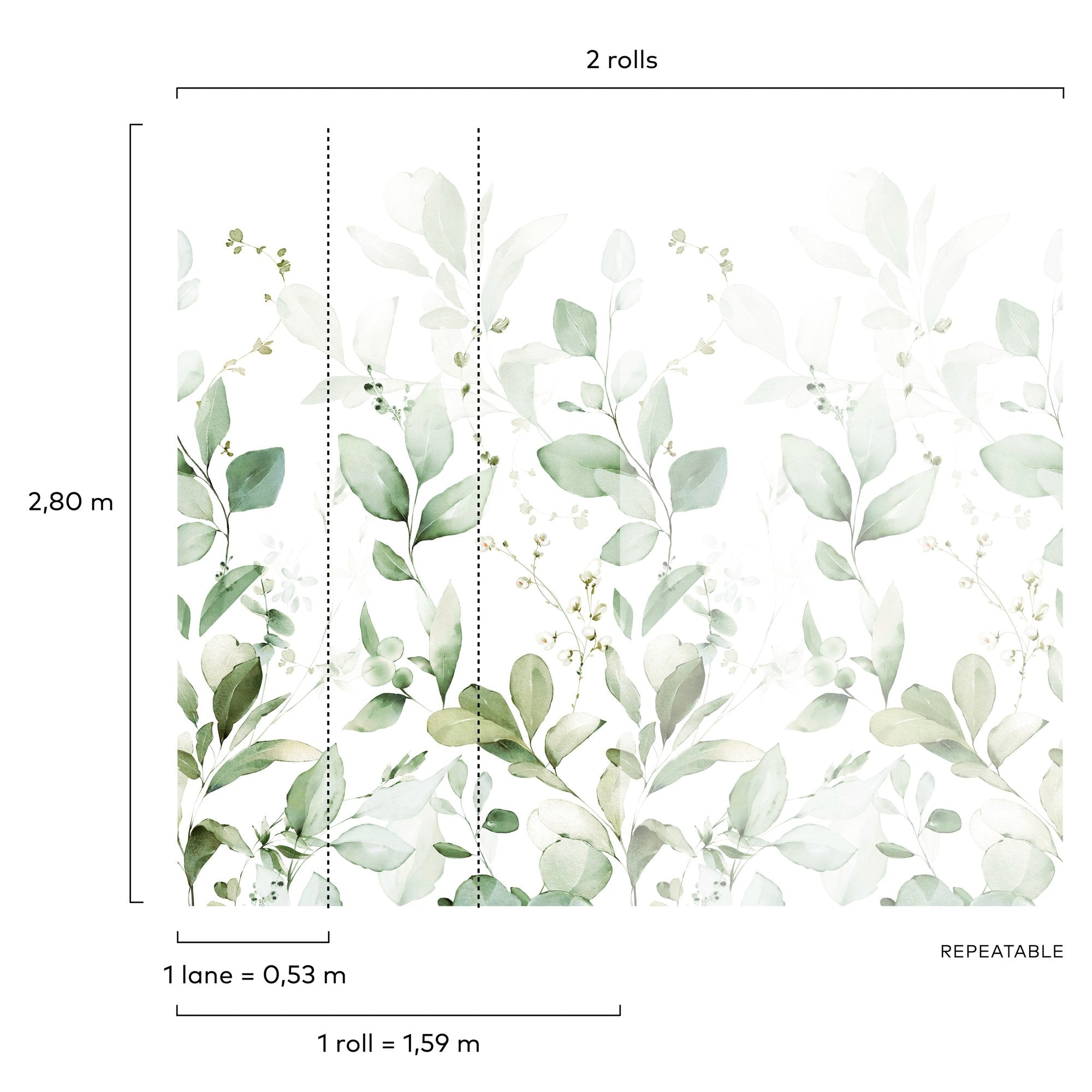 Branched Leaves All-over 3 Panel Mural in green color - pattern number A77101 - by Grandeco in the Orom II collection