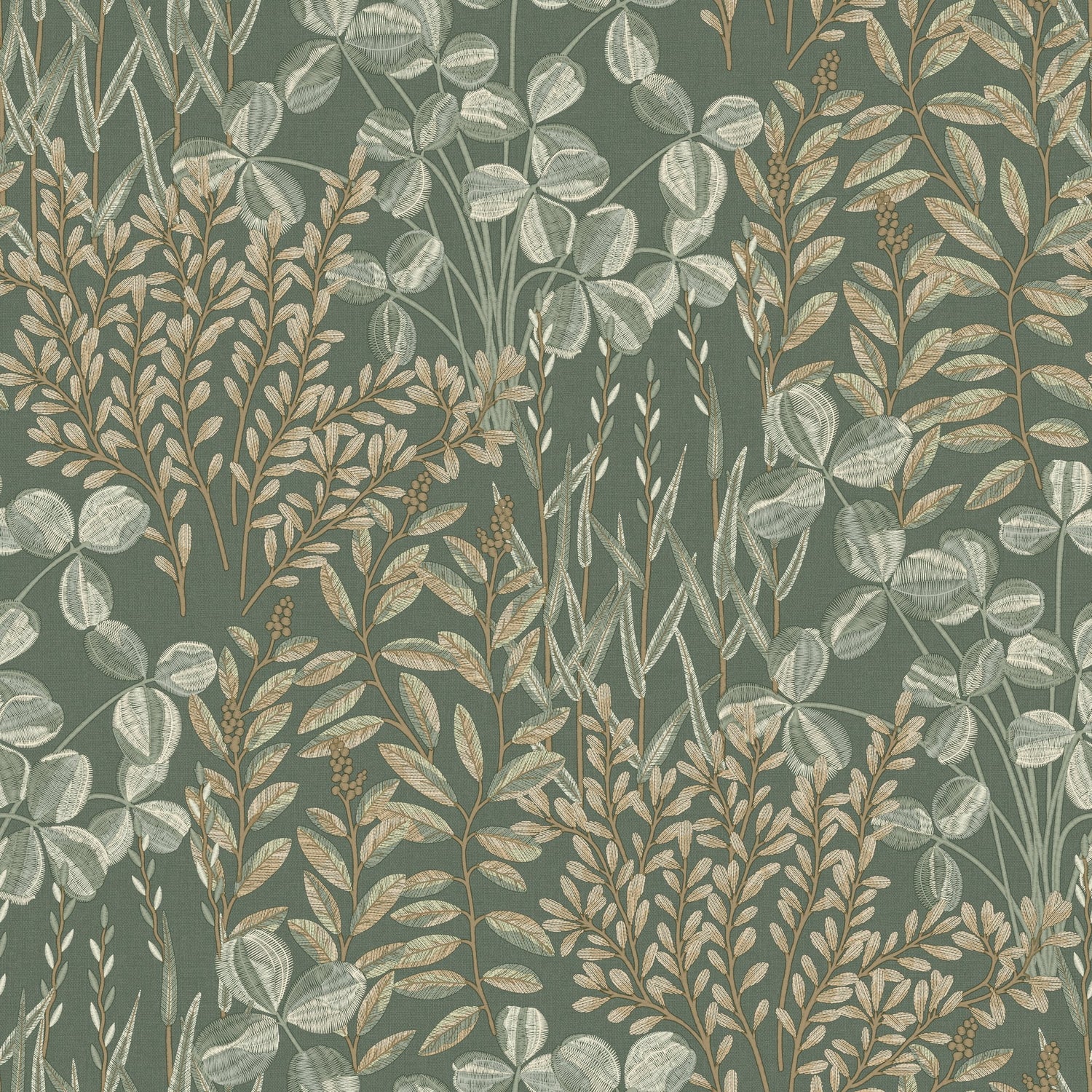 Branched Leaves All-over Wallpaper in green color - pattern number INA78901 - by Grandeco in the Inia collection