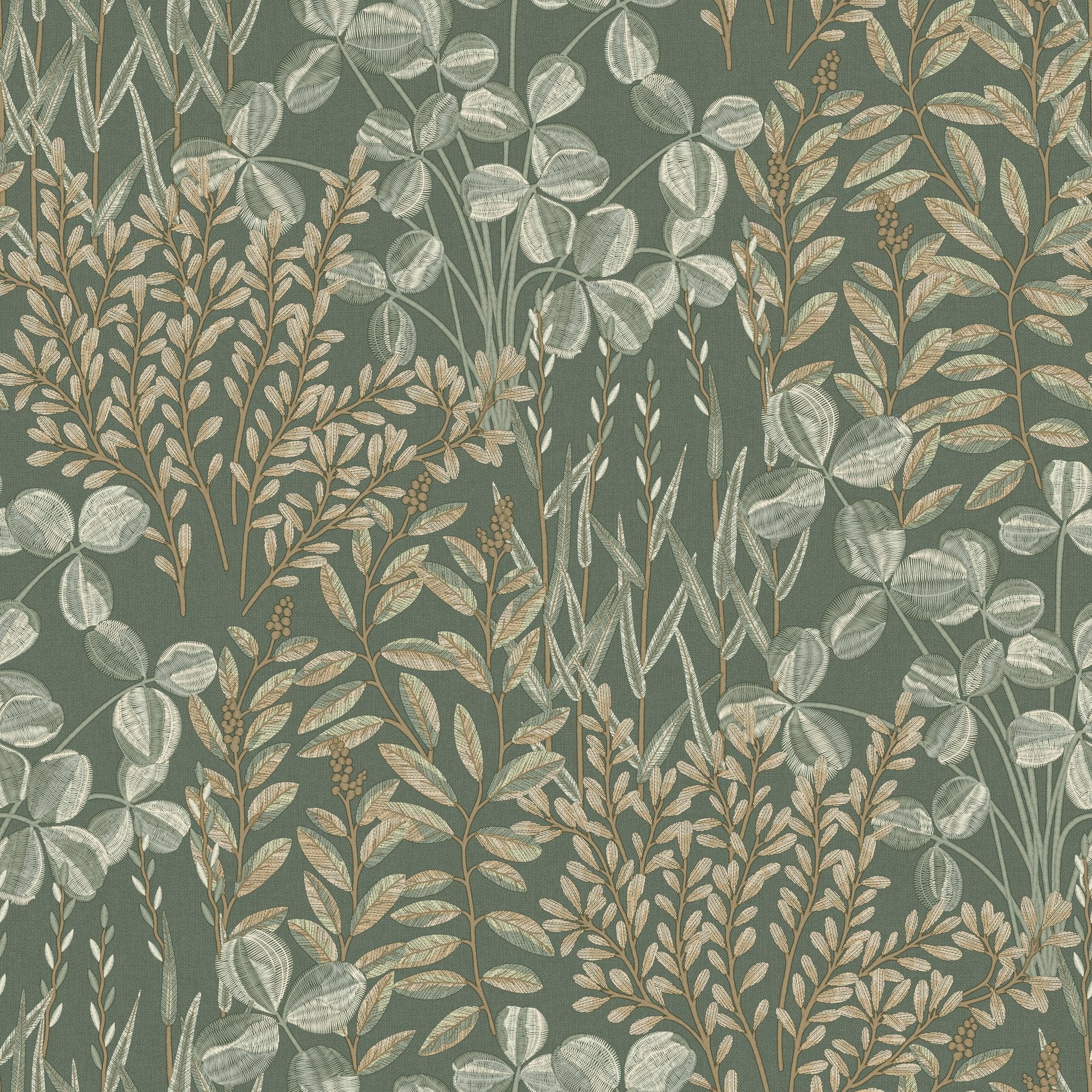 Branched Leaves All-over Wallpaper in green color - pattern number INA78901 - by Grandeco in the Inia collection
