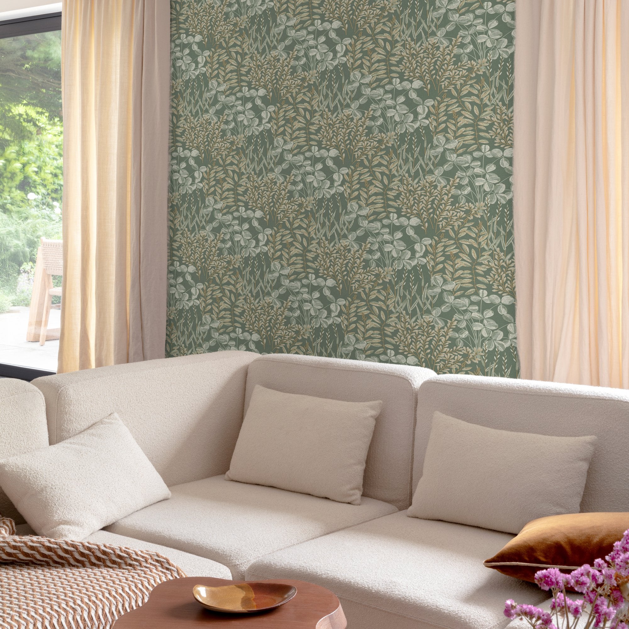 Branched Leaves All-over Wallpaper in green color - pattern number INA78901 - by Grandeco in the Inia collection