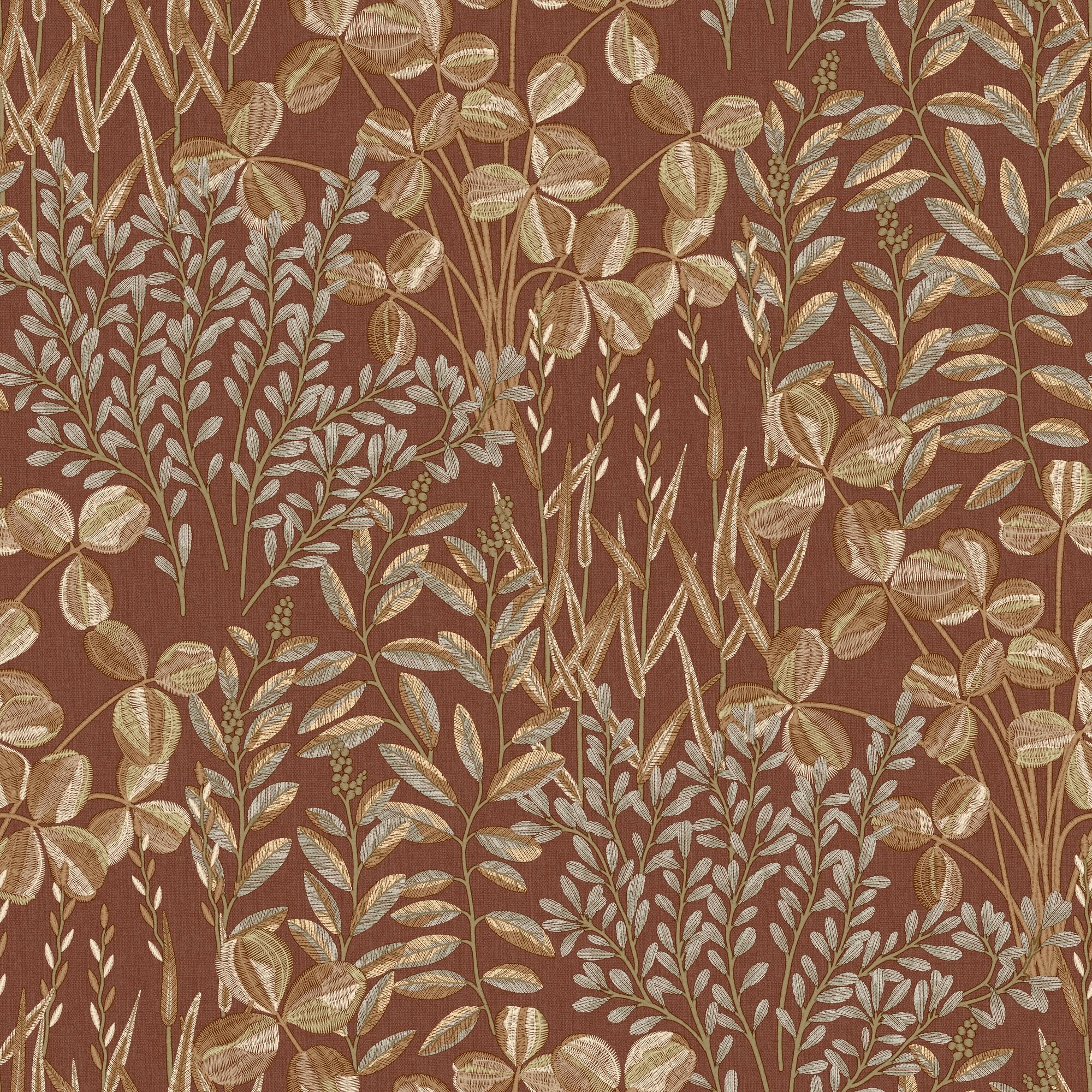 Branched Leaves All-over Wallpaper in red color - pattern number INA78902 - by Grandeco in the Inia collection