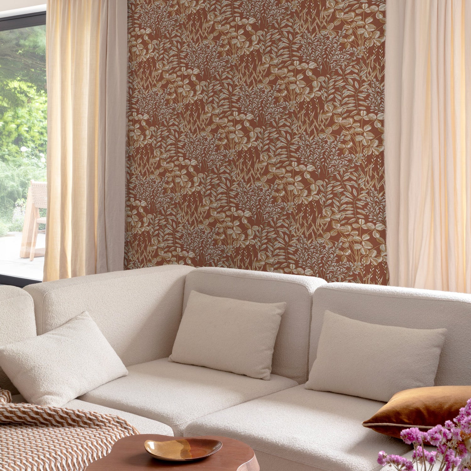 Branched Leaves All-over Wallpaper in red color - pattern number INA78902 - by Grandeco in the Inia collection