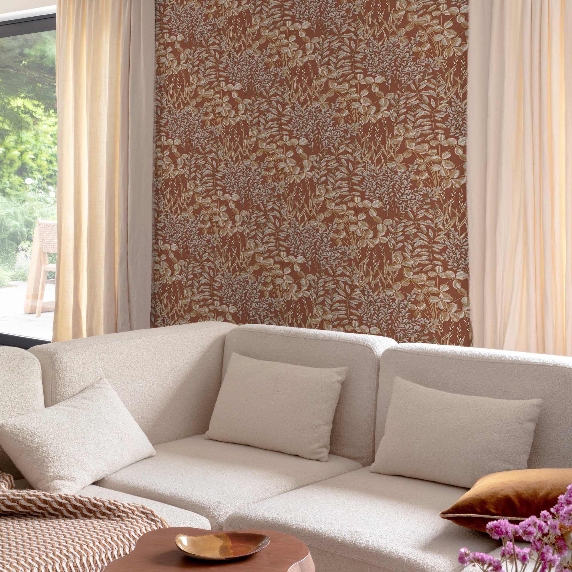 Branched Leaves All-over Wallpaper in red color - pattern number INA78902 - by Grandeco in the Inia collection