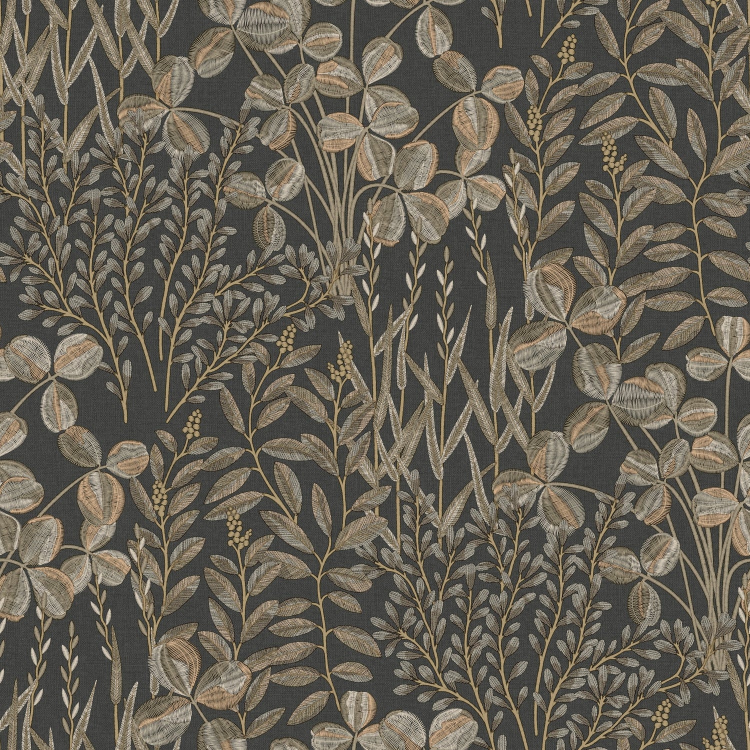 Branched Leaves All-over Wallpaper in black color - pattern number INA78903 - by Grandeco in the Inia collection