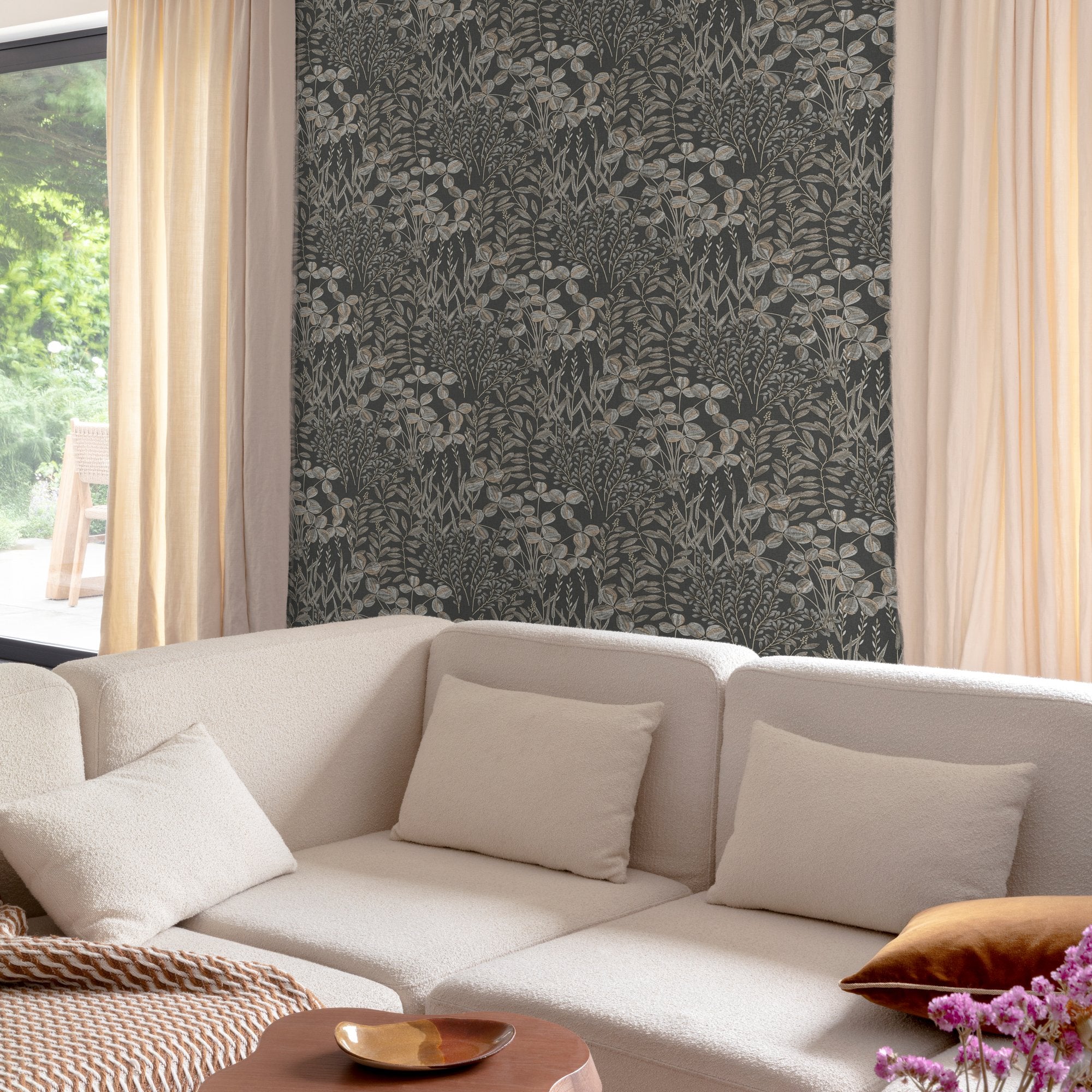 Branched Leaves All-over Wallpaper in black color - pattern number INA78903 - by Grandeco in the Inia collection