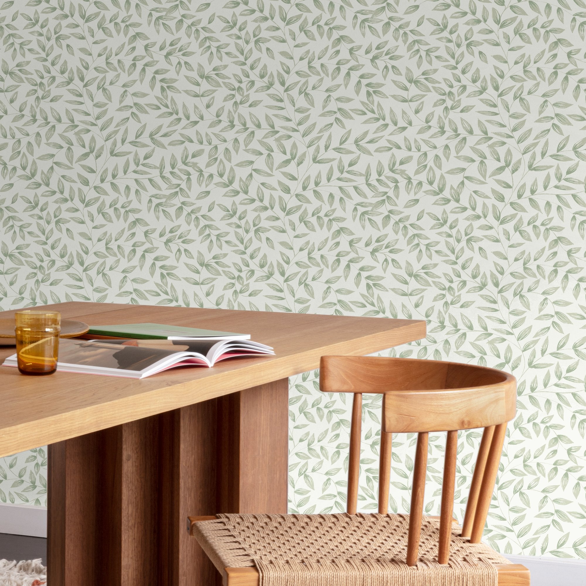 Branched Leaves All-over Wallpaper in green color - pattern number INA79202 - by Grandeco in the Inia collection