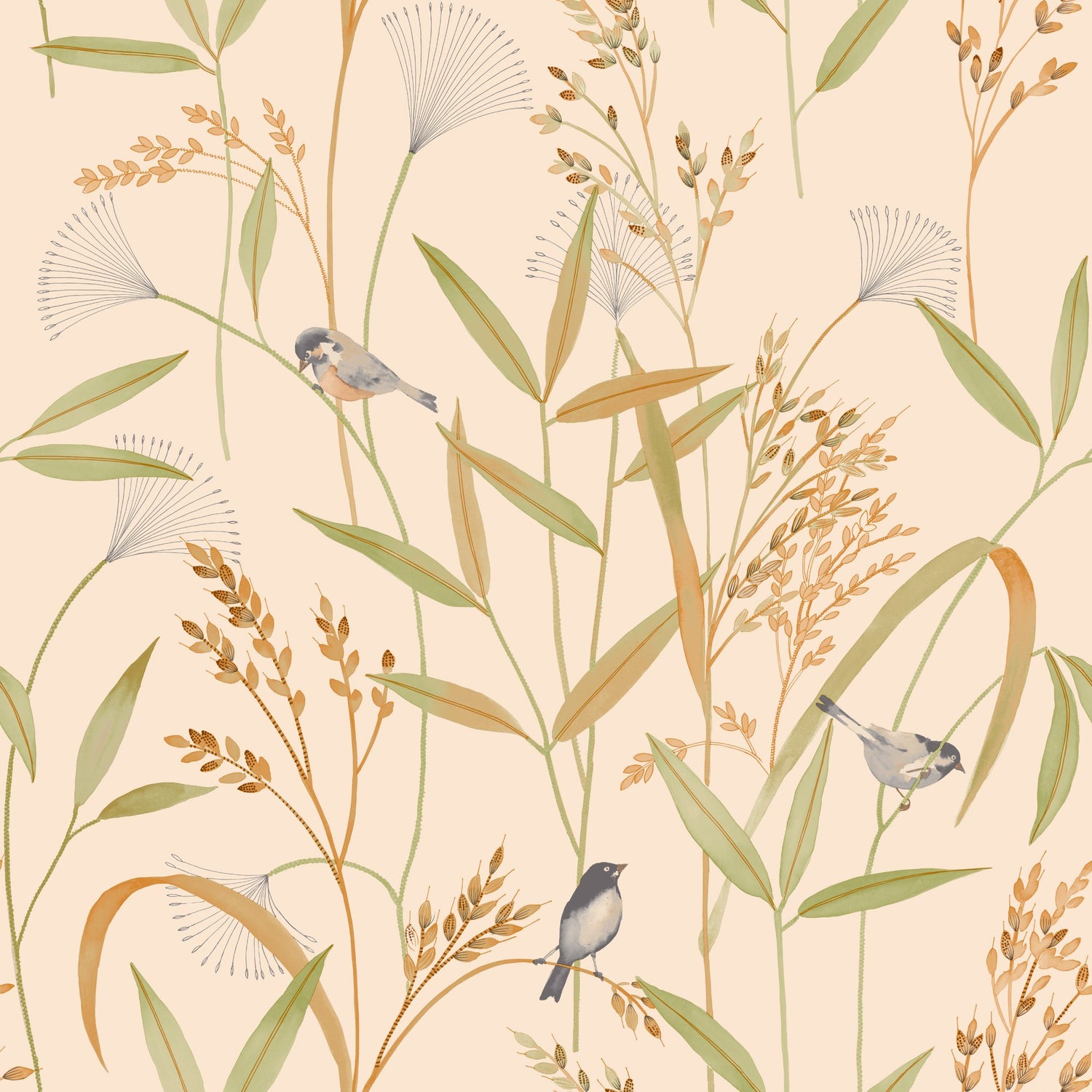 Branched Leaves All-over Wallpaper in beige color - pattern number INA83501 - by Grandeco in the Inia collection