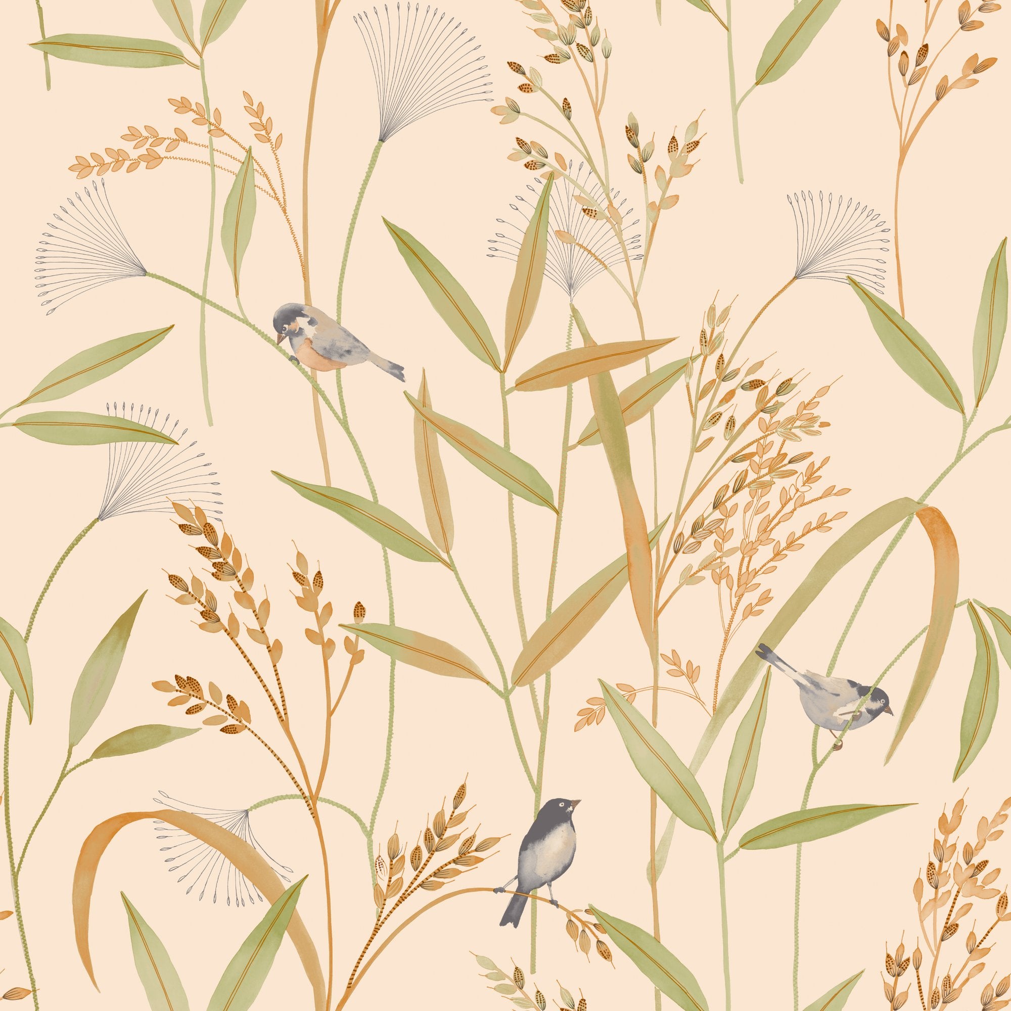 Branched Leaves All-over Wallpaper in beige color - pattern number INA83501 - by Grandeco in the Inia collection