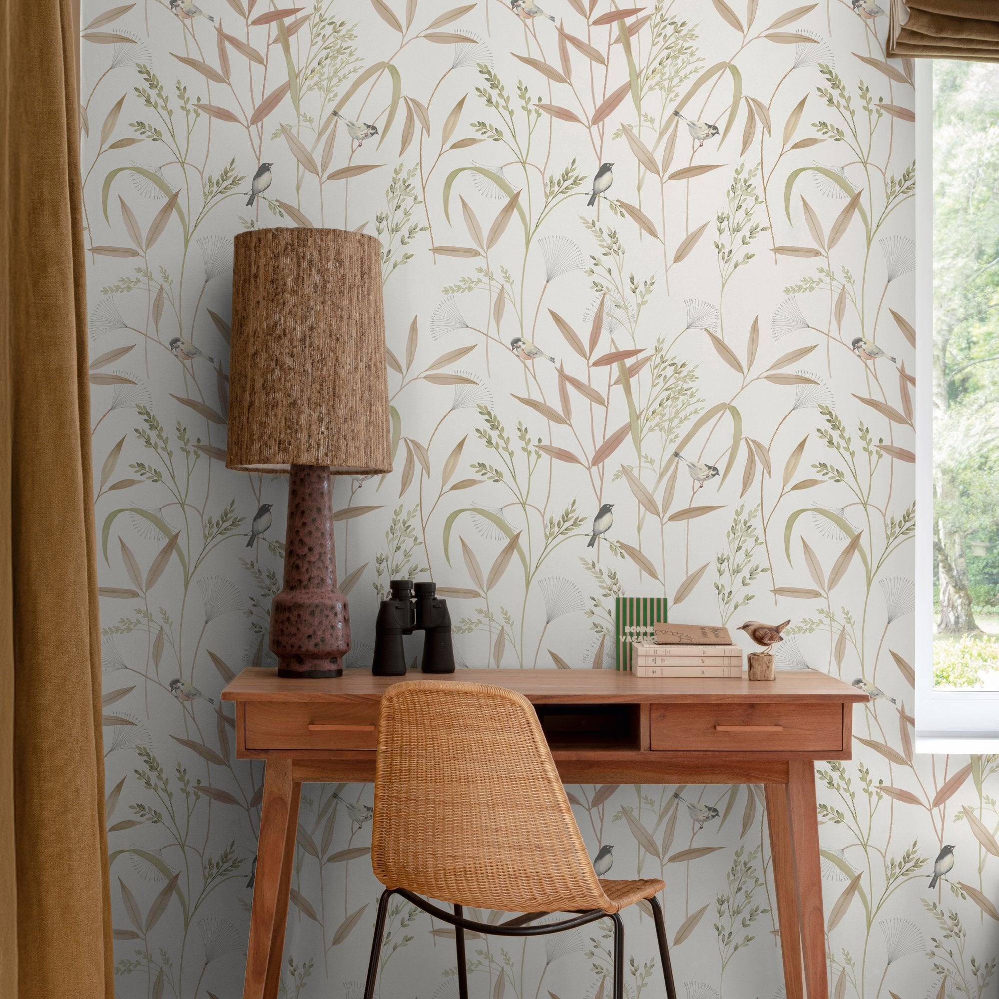 Branched Leaves All-over Wallpaper in beige color - pattern number INA83502 - by Grandeco in the Inia collection