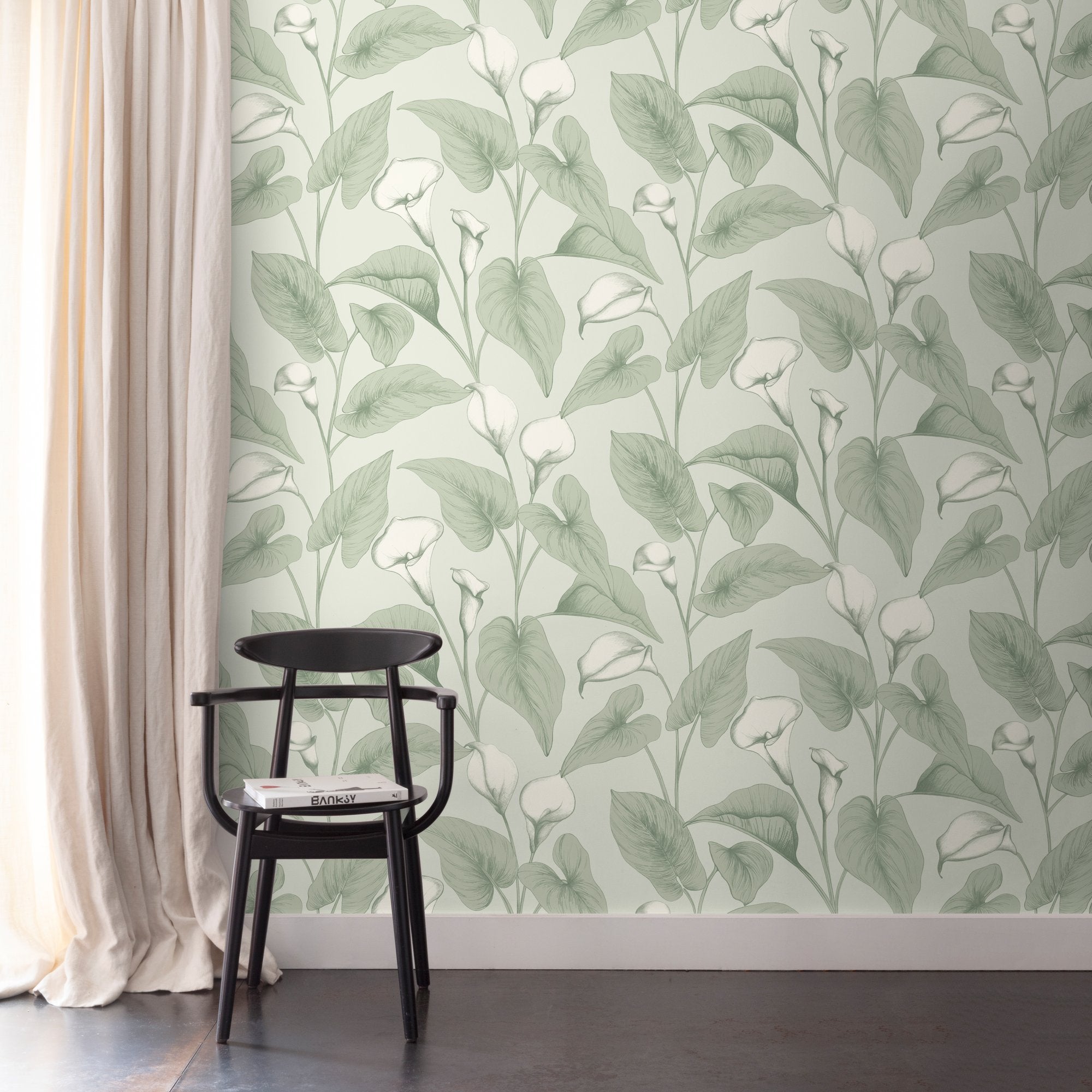 Branched Leaves All-over Wallpaper in green color - pattern number INA83601 - by Grandeco in the Inia collection