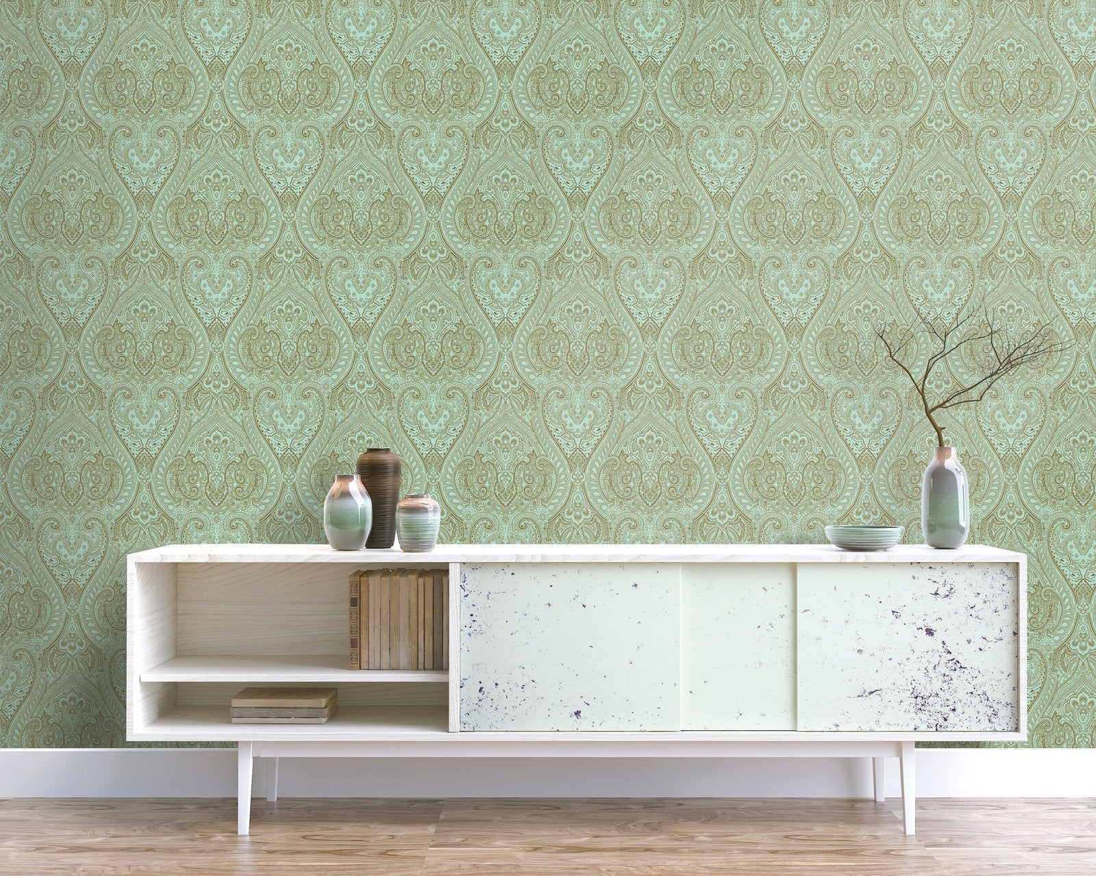 Lace wallpaper in green color - pattern number AM22002-4 - by Galerie in the Zen collection