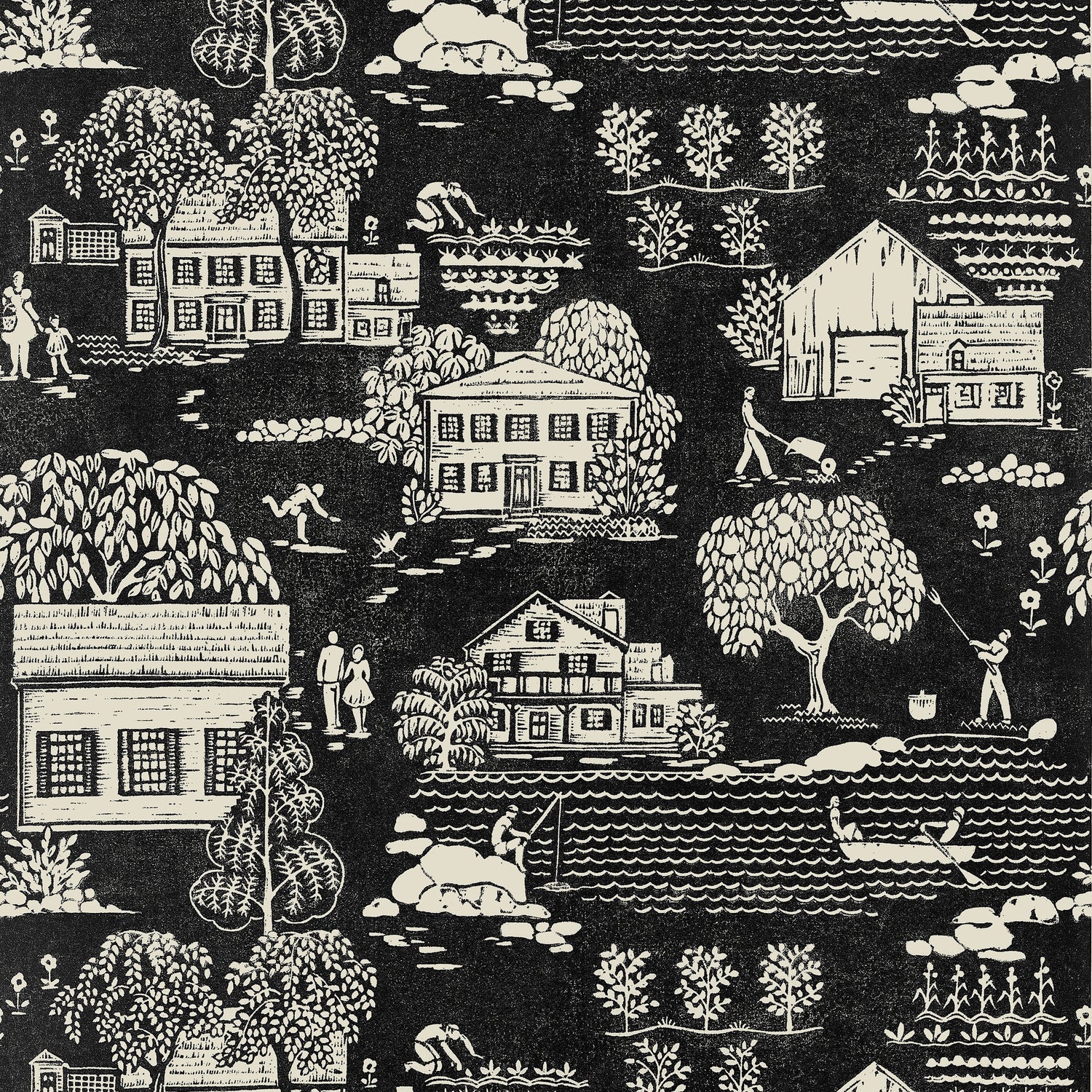 Farmingdale wallpaper in black color - pattern number AT16163 - by Anna French in the Belvedere collection