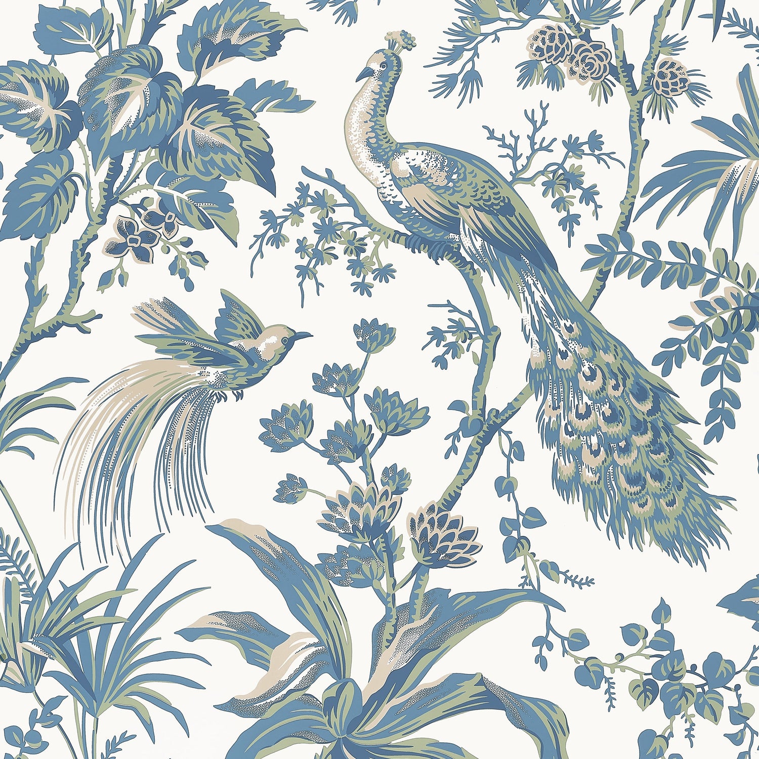 Peacock Toile fabric in blue and green color - pattern number AT57830 - by Anna French in the Bristol collection