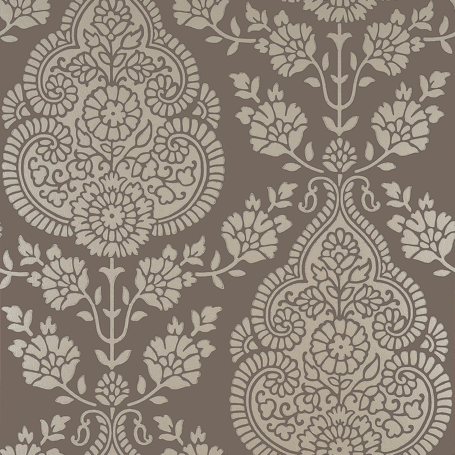 Balmuccia Damask fabric in pewter on chestnut color - pattern number AT57869 - by Anna French in the Bristol collection