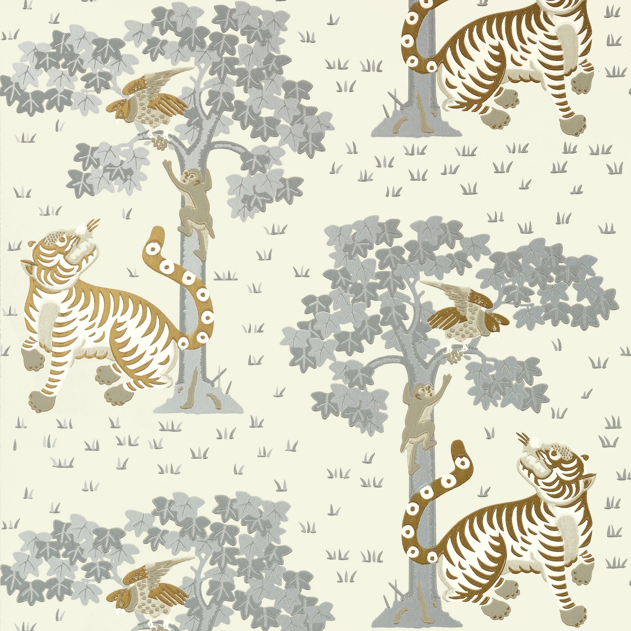 Kahna wallpaper in metallic gold and silver color - pattern number AT78779 - by Anna French in the Palampore collection