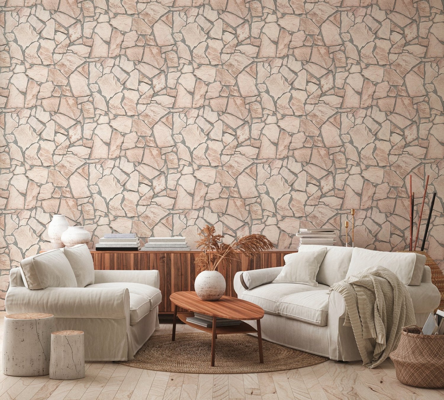 Claystone Cottage Motif wallpaper in beige color - pattern number BB51137 - by Galerie in the The Bricks And More collection
