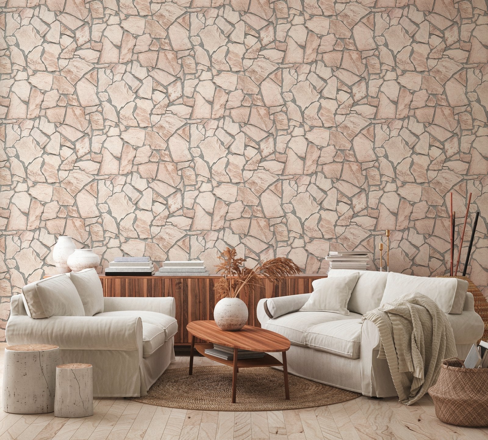 Claystone Cottage Motif wallpaper in beige color - pattern number BB51137 - by Galerie in the The Bricks And More collection