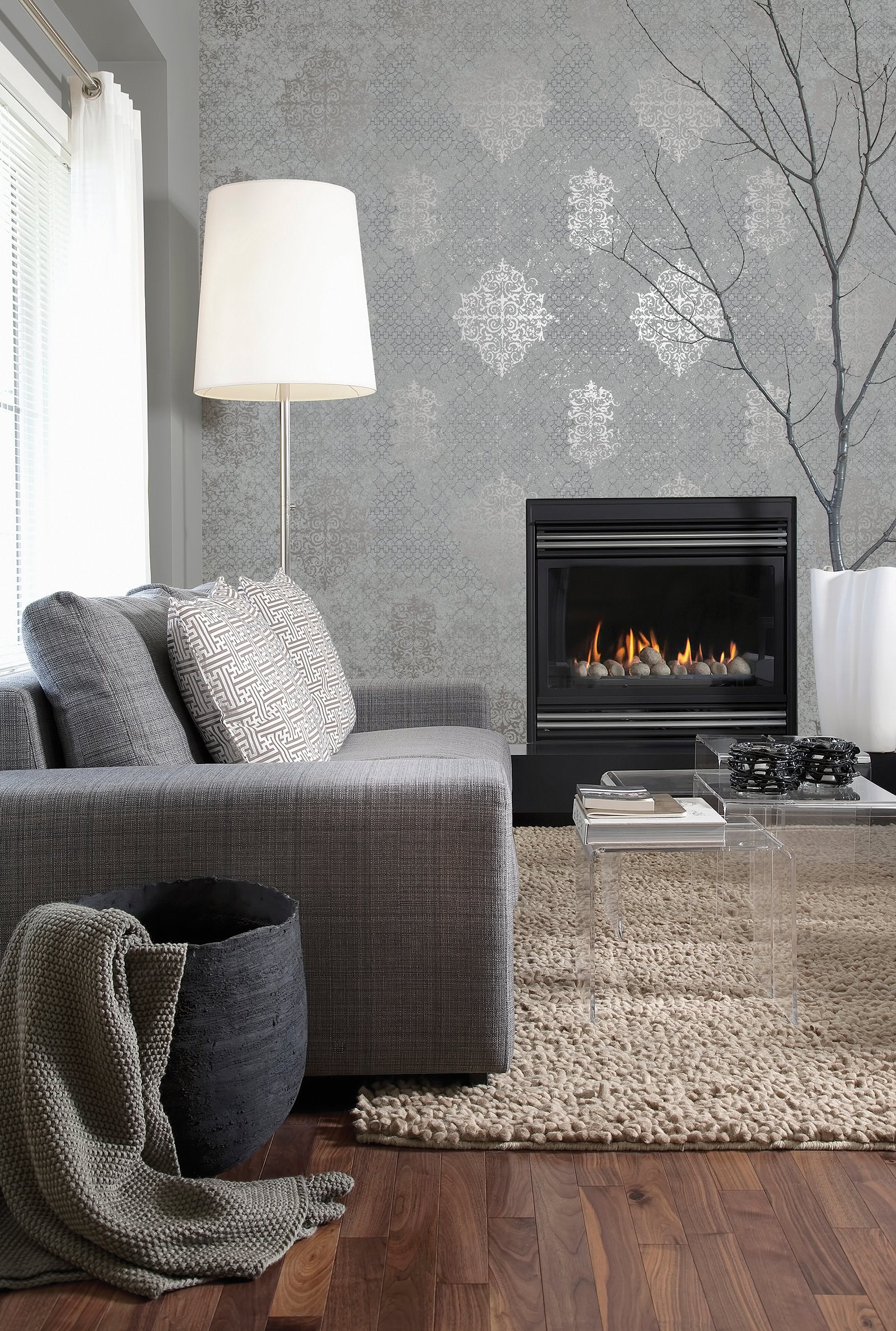 Damask wallpaper in silver grey color - pattern number CM2483 - by Galerie in the Lustre collection
