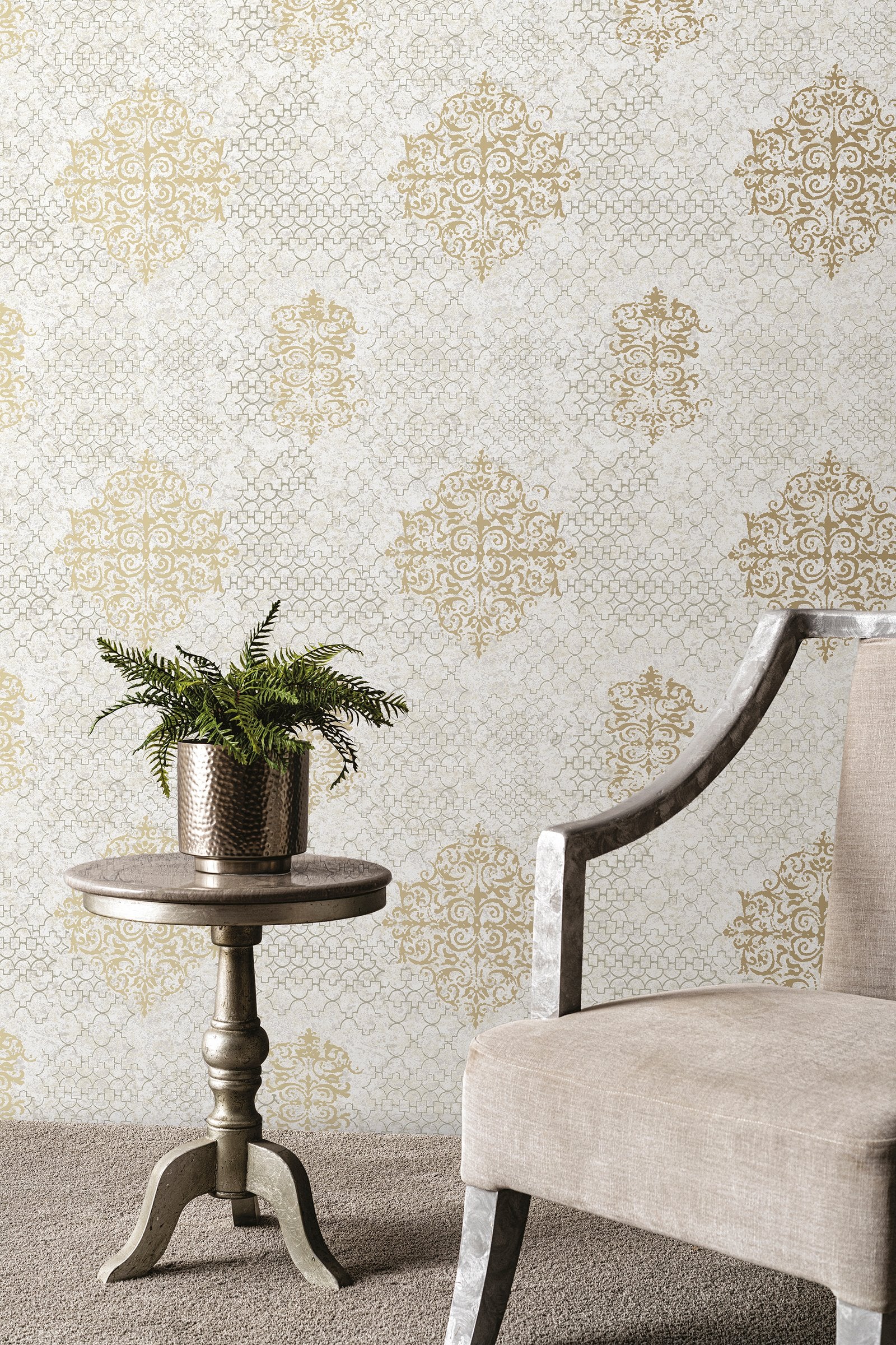 Damask wallpaper in rose gold color - pattern number CM2485 - by Galerie in the Lustre collection