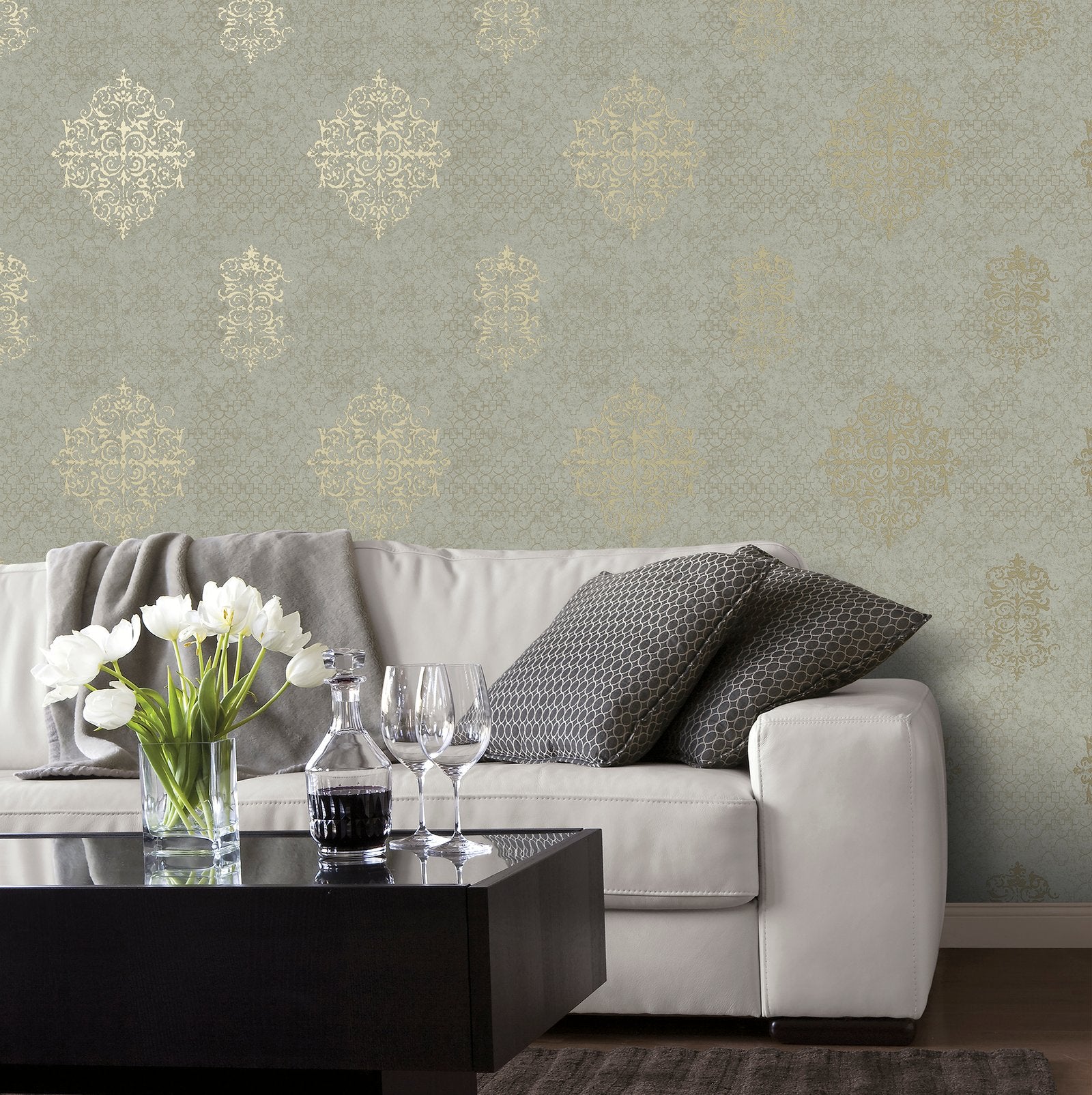 Damask wallpaper in rose gold color - pattern number CM2486 - by Galerie in the Lustre collection