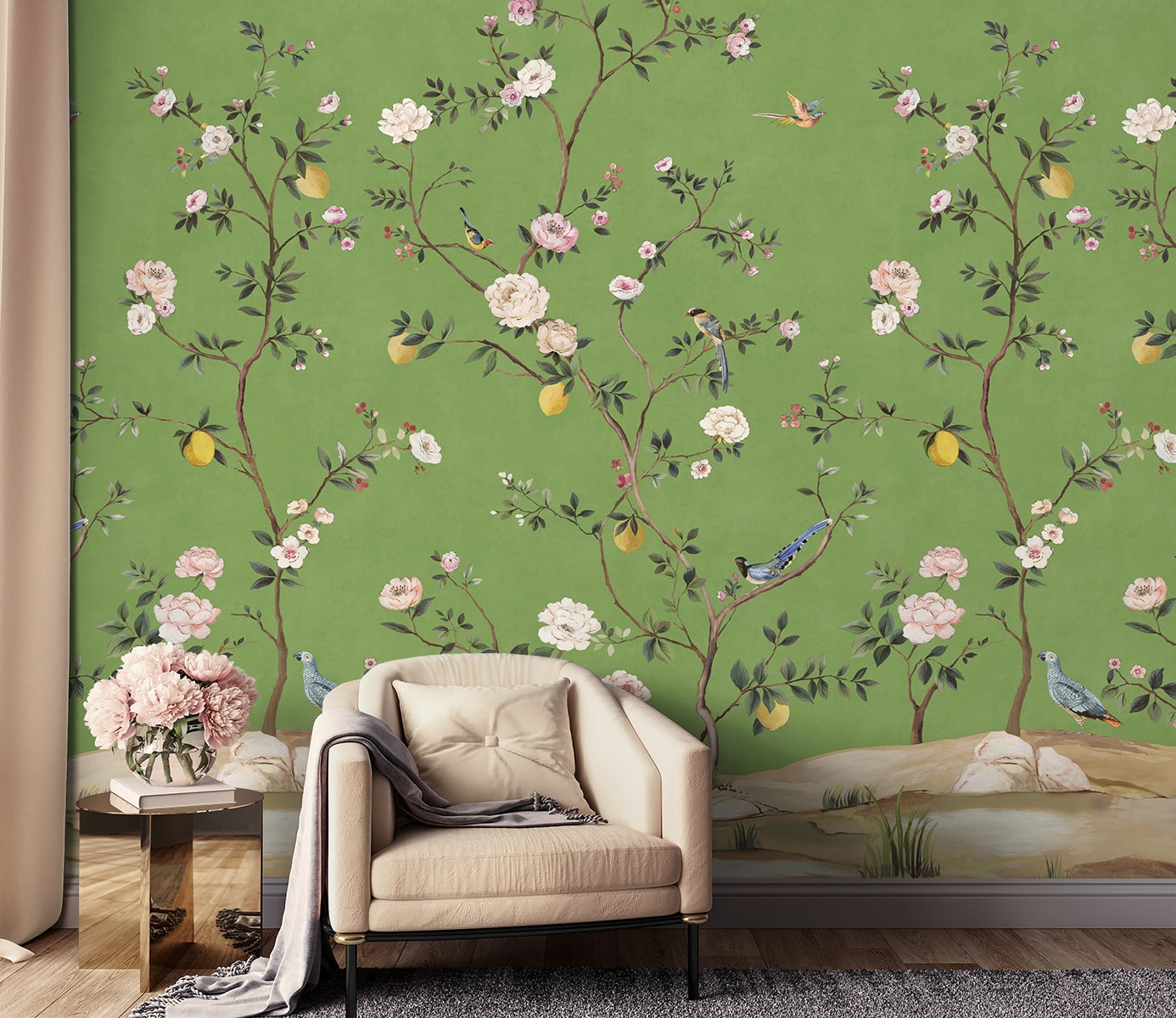 Blossom Chinoiserie 3 Panel Peel and Stick Green DB20704M Mural by