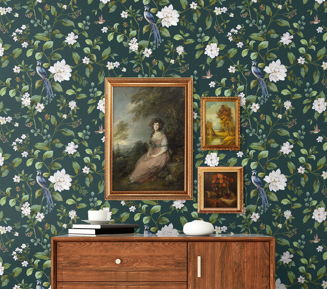 Chinoiserie Bird Vine Peel and Stick wallpaper in teal color - pattern number DB20814 - by NextWall in the Peel and Stick Wallpaper by Daisy Bennett 2 collection