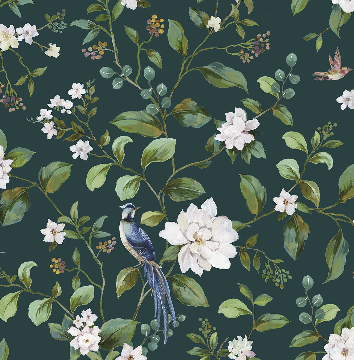 Chinoiserie Bird Vine Peel and Stick wallpaper in teal color - pattern number DB20814 - by NextWall in the Peel and Stick Wallpaper by Daisy Bennett 2 collection