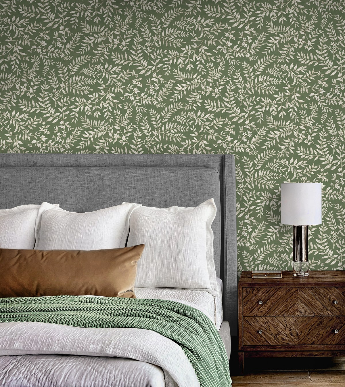 Vining Leaf Trail Peel and Stick Wallpaper in pine field color - pattern number DB20904 - by NextWall in the Peel and Stick Wallpaper by Daisy Bennett 3 collection