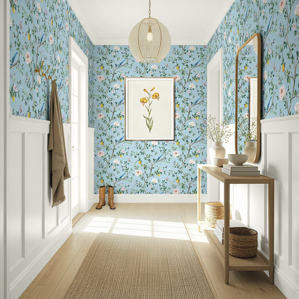 Blossom Chinoiserie Floral Peel and Stick Wallpaper in blue color - pattern number DB21202 - by NextWall in the Peel and Stick Wallpaper by Daisy Bennett 3 collection