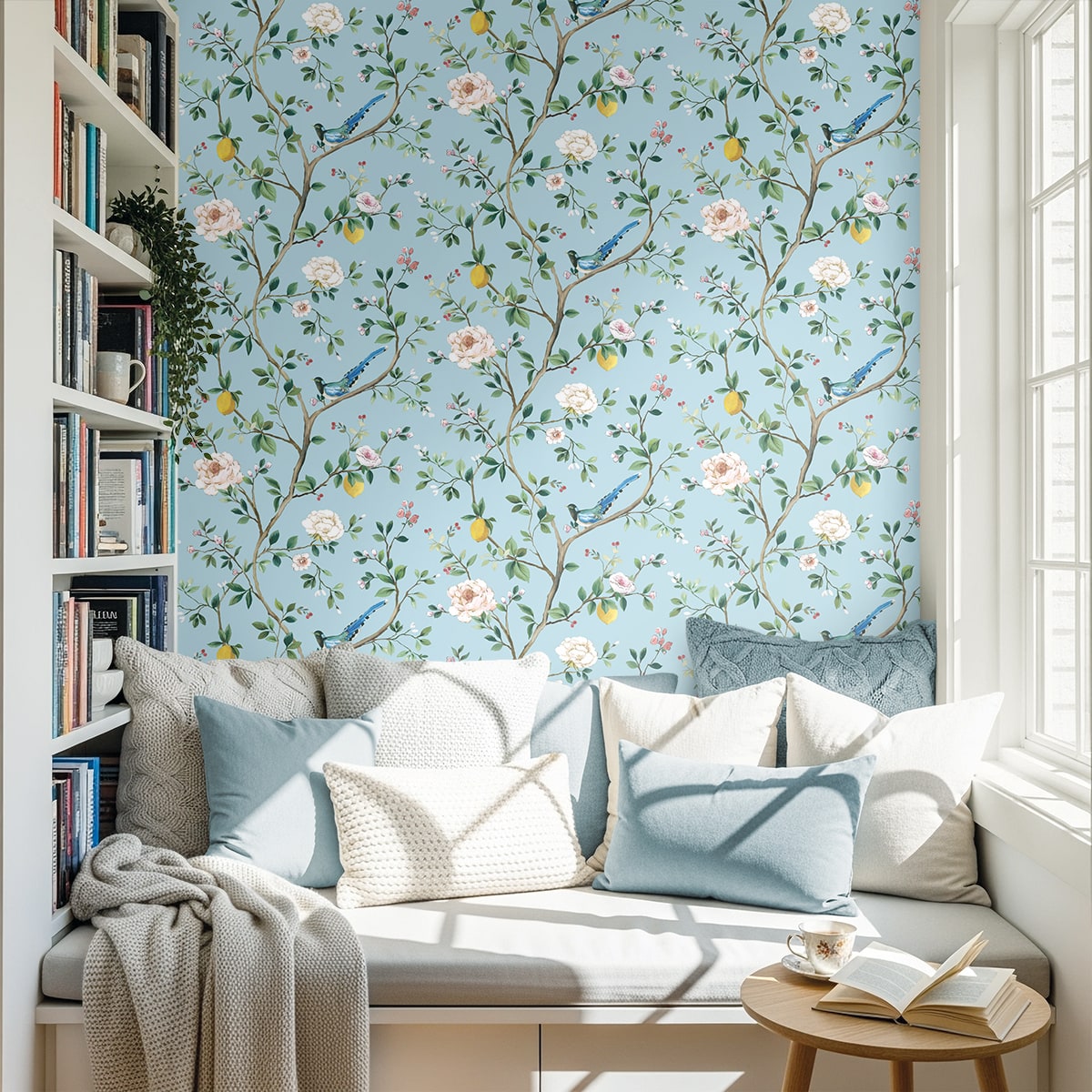 Blossom Chinoiserie Floral Peel and Stick Wallpaper in blue color - pattern number DB21202 - by NextWall in the Peel and Stick Wallpaper by Daisy Bennett 3 collection