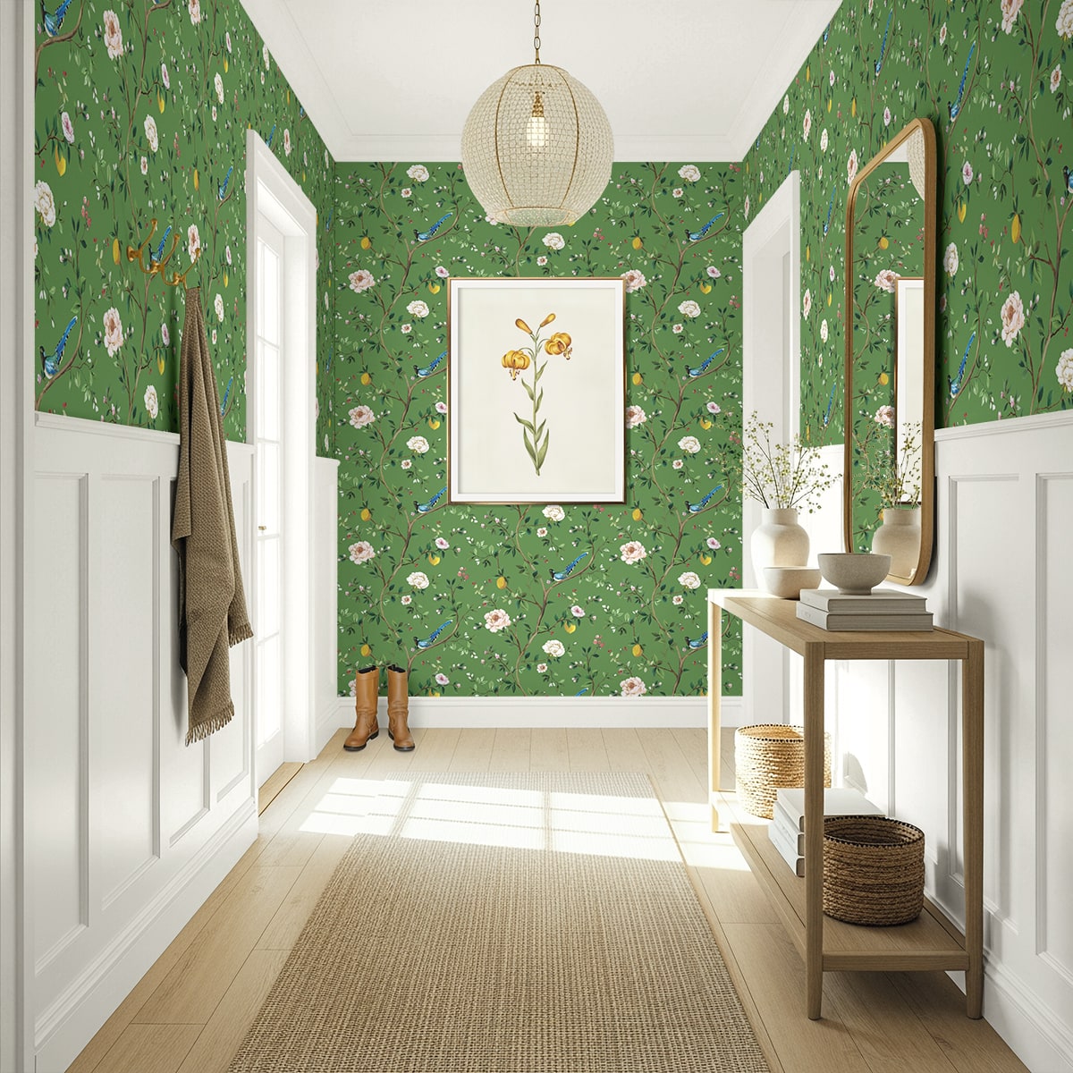 Blossom Chinoiserie Floral Peel and Stick Wallpaper in green color - pattern number DB21204 - by NextWall in the Peel and Stick Wallpaper by Daisy Bennett 3 collection