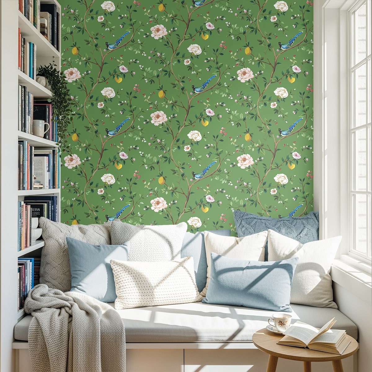 Blossom Chinoiserie Floral Peel and Stick Wallpaper in green color - pattern number DB21204 - by NextWall in the Peel and Stick Wallpaper by Daisy Bennett 3 collection