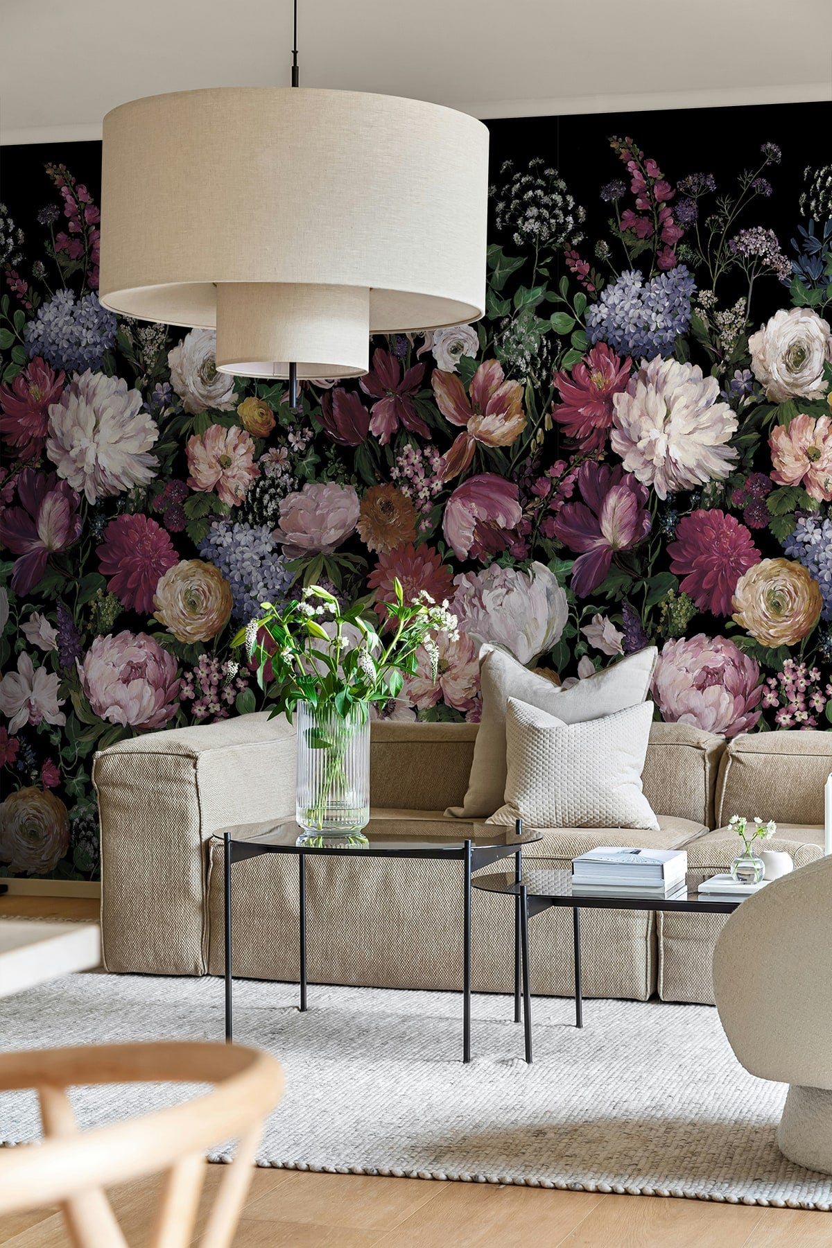 Garden Floral 3 Panel mural in charcoal color - pattern number DBW3000M - by Wallquest in the West Boulevard by Daisy Bennett collection