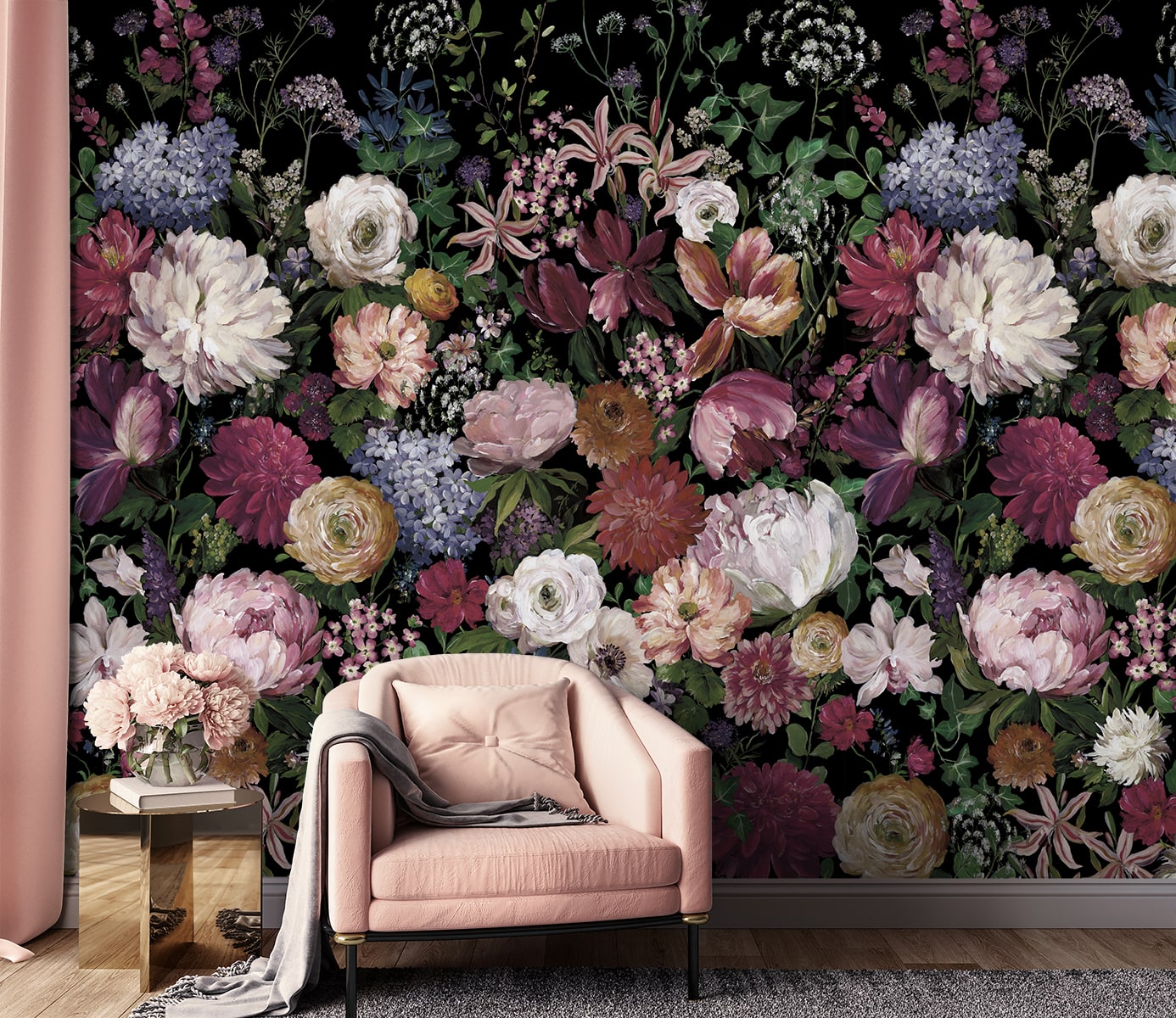 Garden Floral 3 Panel mural in charcoal color - pattern number DBW3000M - by Wallquest in the West Boulevard by Daisy Bennett collection